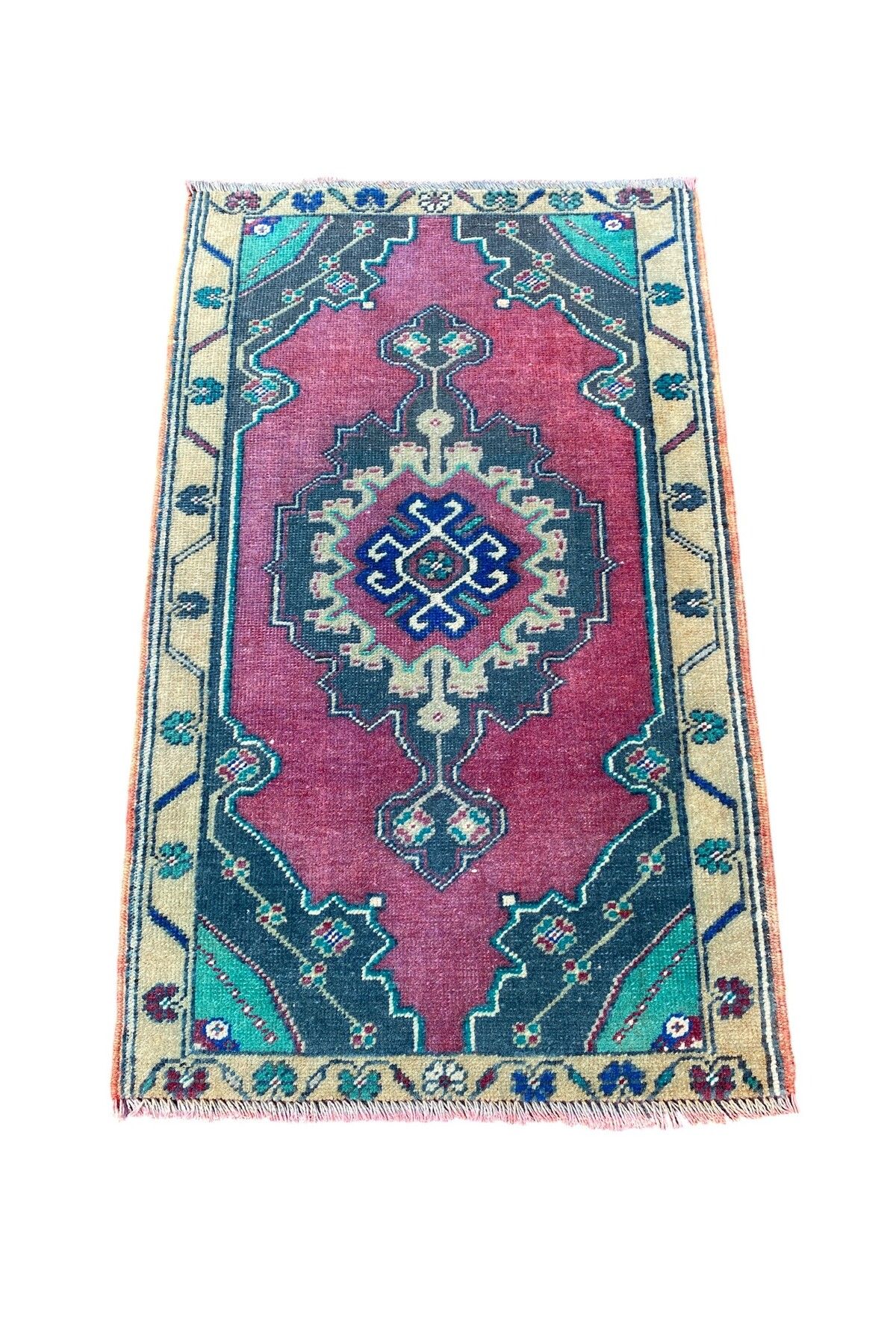 BURAK HALI El Dokuma Taşpınar Yastık Halı 51x84 Mor Yeşil Vintage Halı