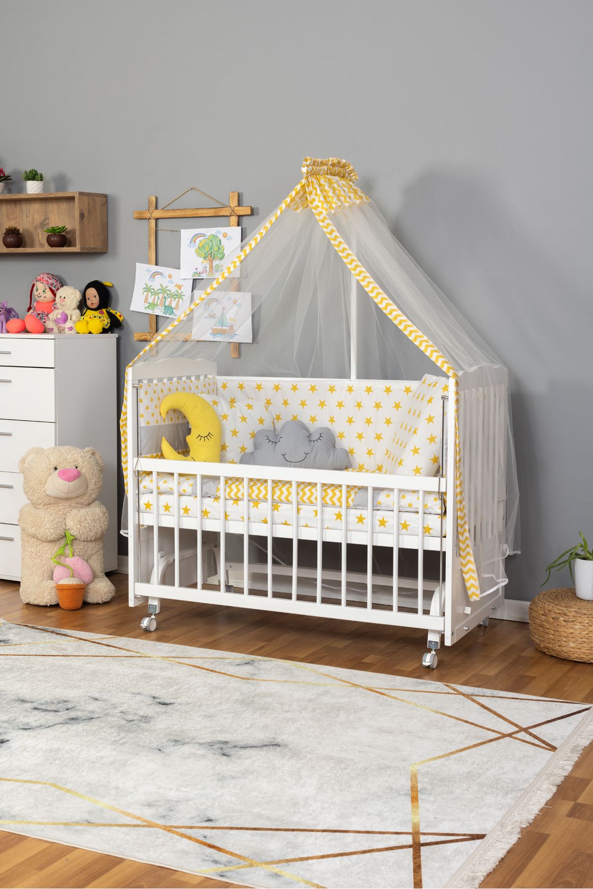 Carino Wins Ahşap Beşik Anne Yanı Yeni Doğan Tutku BEYAZ Bebek Beşiği SARI YILDIZ UYKU SETLİ + TEKERLEKLİ