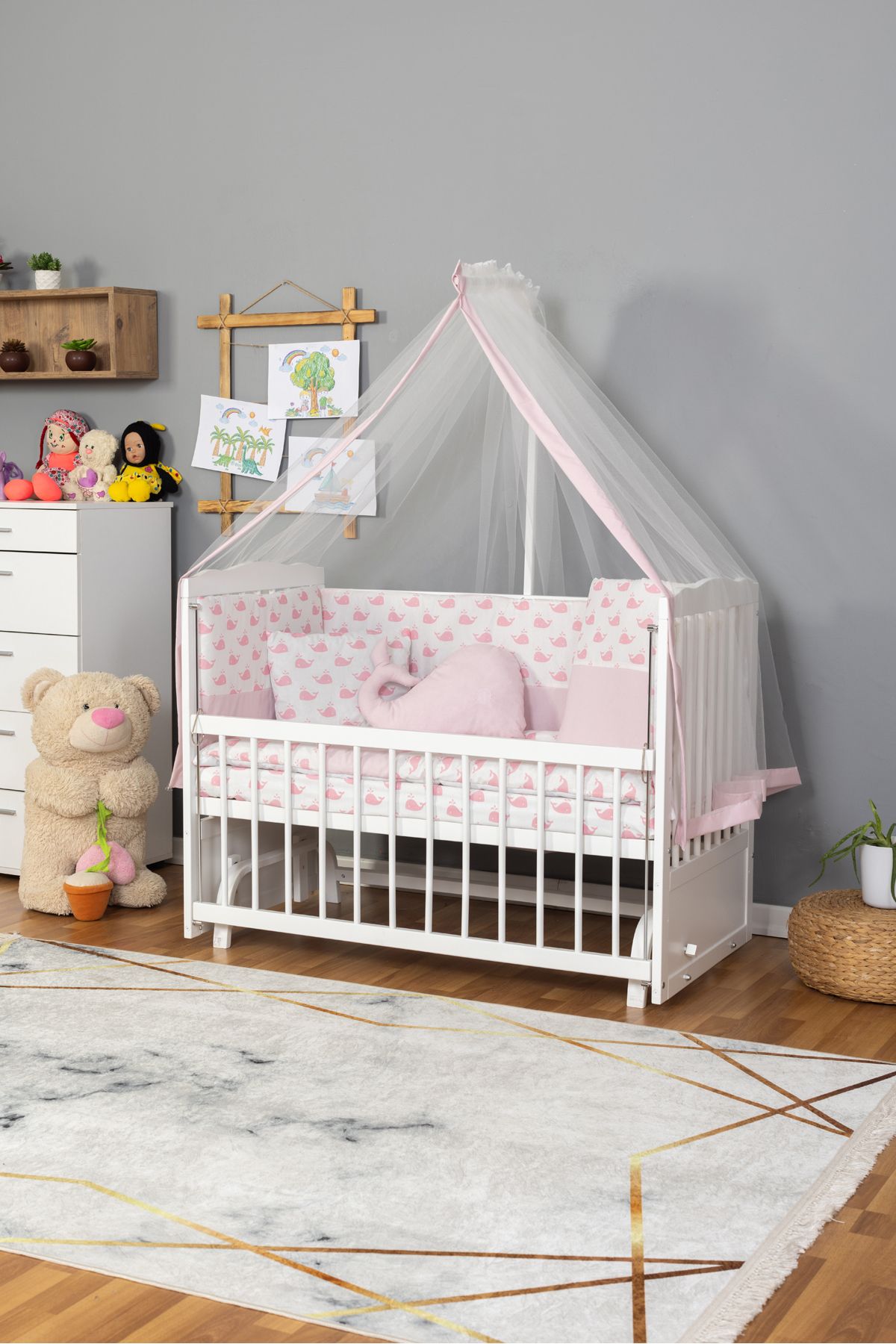 Carino Wins Tutku BEYAZ Bebek Beşiği Ahşap Beşik Anne Yanı Yeni Doğan PEMPE BALİNA UYKU SETLİ