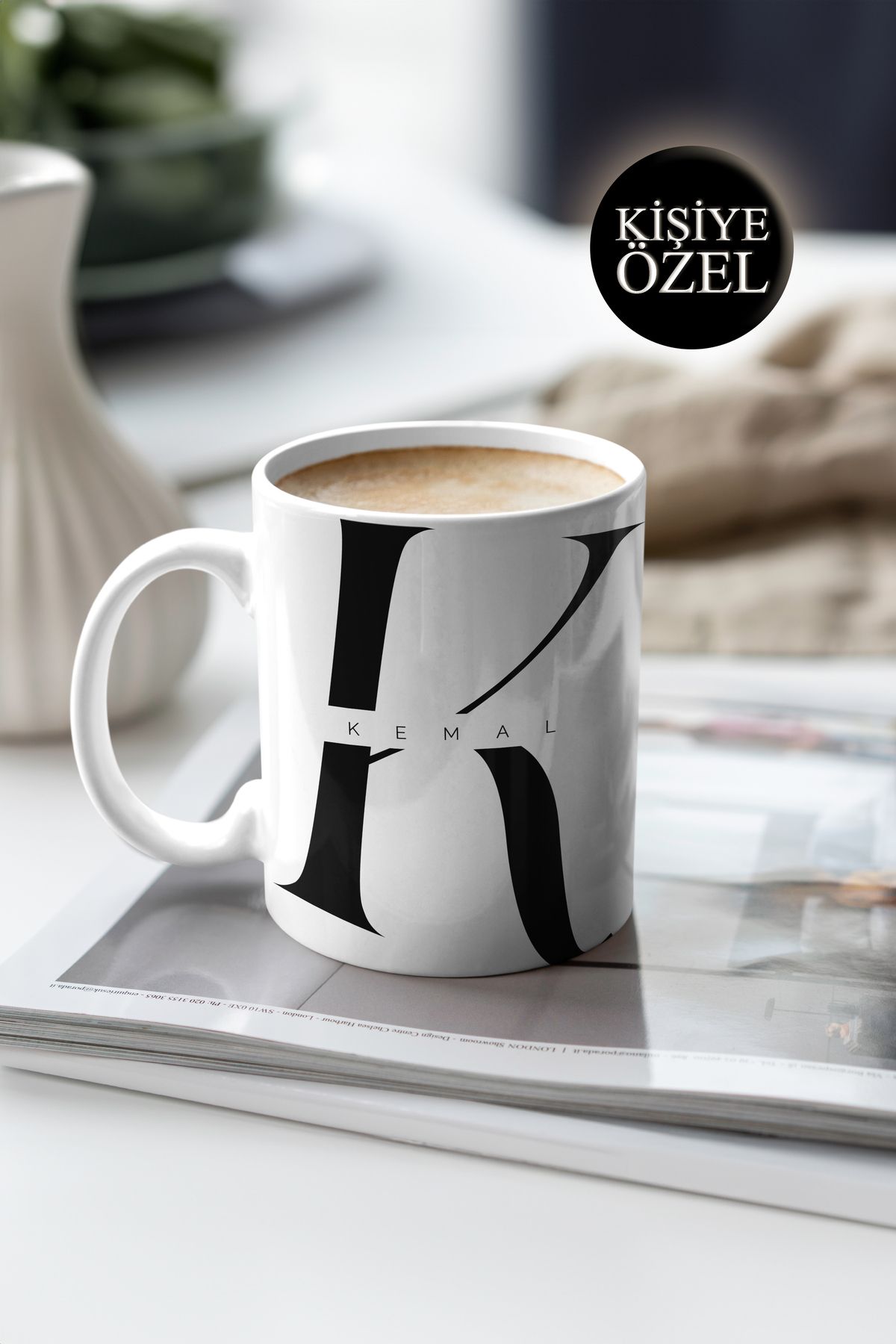 House Gorgeous Kişiye Özel K Harfi ve İsim Yazılı Siyah Renkli Tasarım Kupa Bardak 300 ml