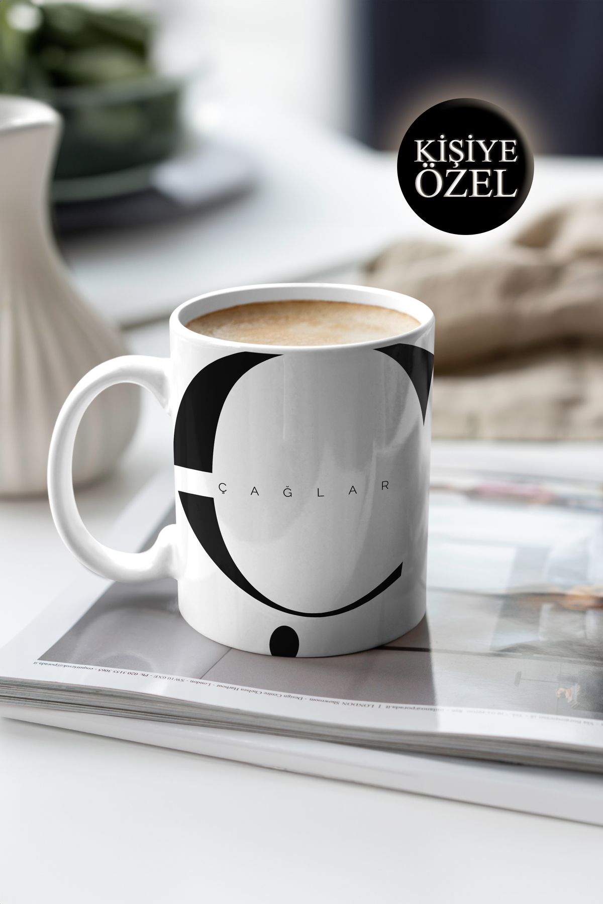 House Gorgeous Kişiye Özel Ç Harfi ve İsim Yazılı Siyah Renkli Tasarım Kupa Bardak 300 ml