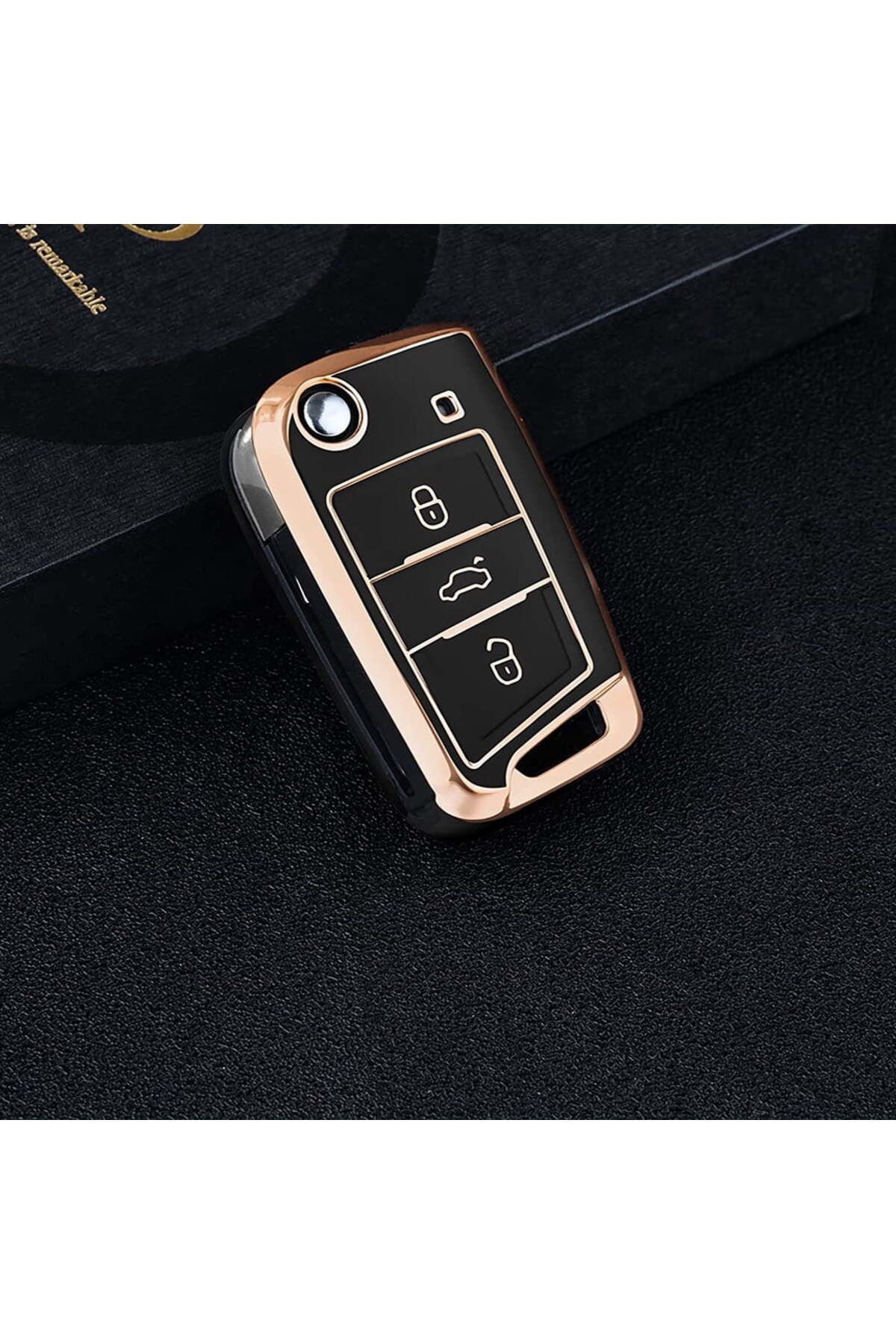 DMR AUTO PARTS Skoda Seat Volkswagen Sustalı Nano Anahtar Kılıfı Siyah Gold Renk