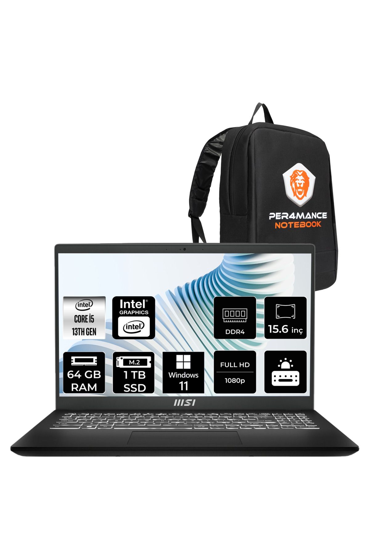 MSI Modern 15 H i5 13420H 64GB 1TB SSD 15.6" FHD W11H Taşınabilir Bilgisayar & ÇANTA