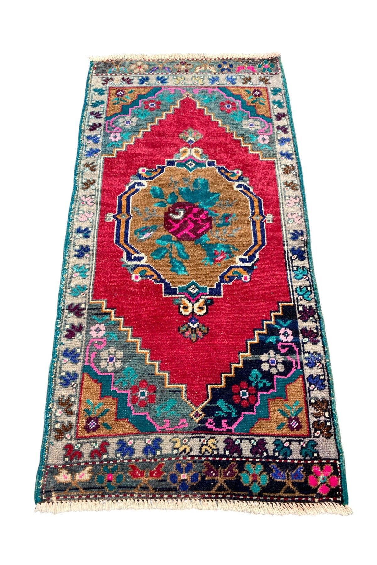 BURAK HALI El Dokuma Karabağ Halısı 55x120 Kırmızı Yeşil Vintage Küçük Halı