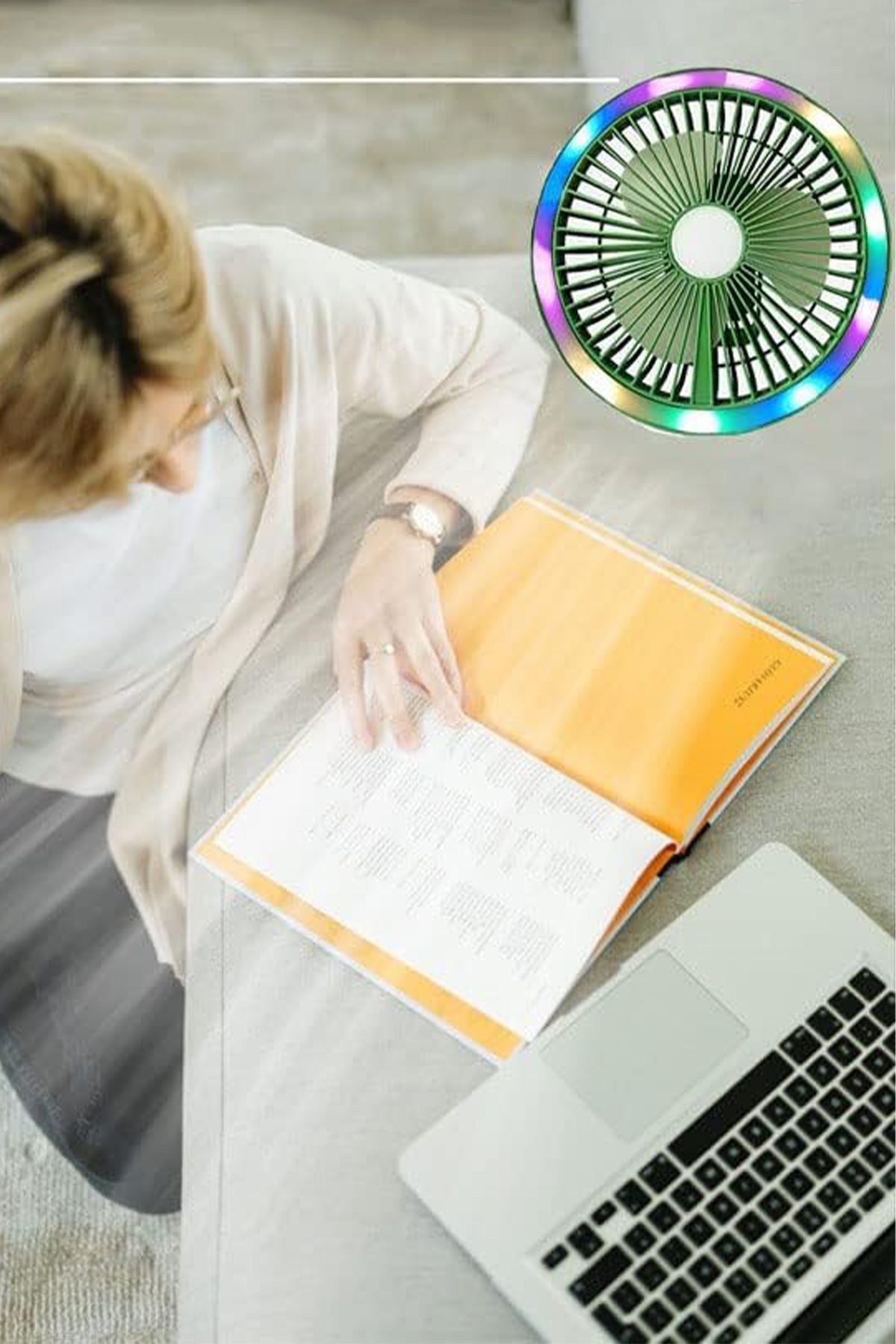 TECHNOMEN Küçük Masa Fanı Kişisel Fan USB ile Çalışan Taşınabilir Fan, 3 Hız Miti Renkli LED Ortam Işığı