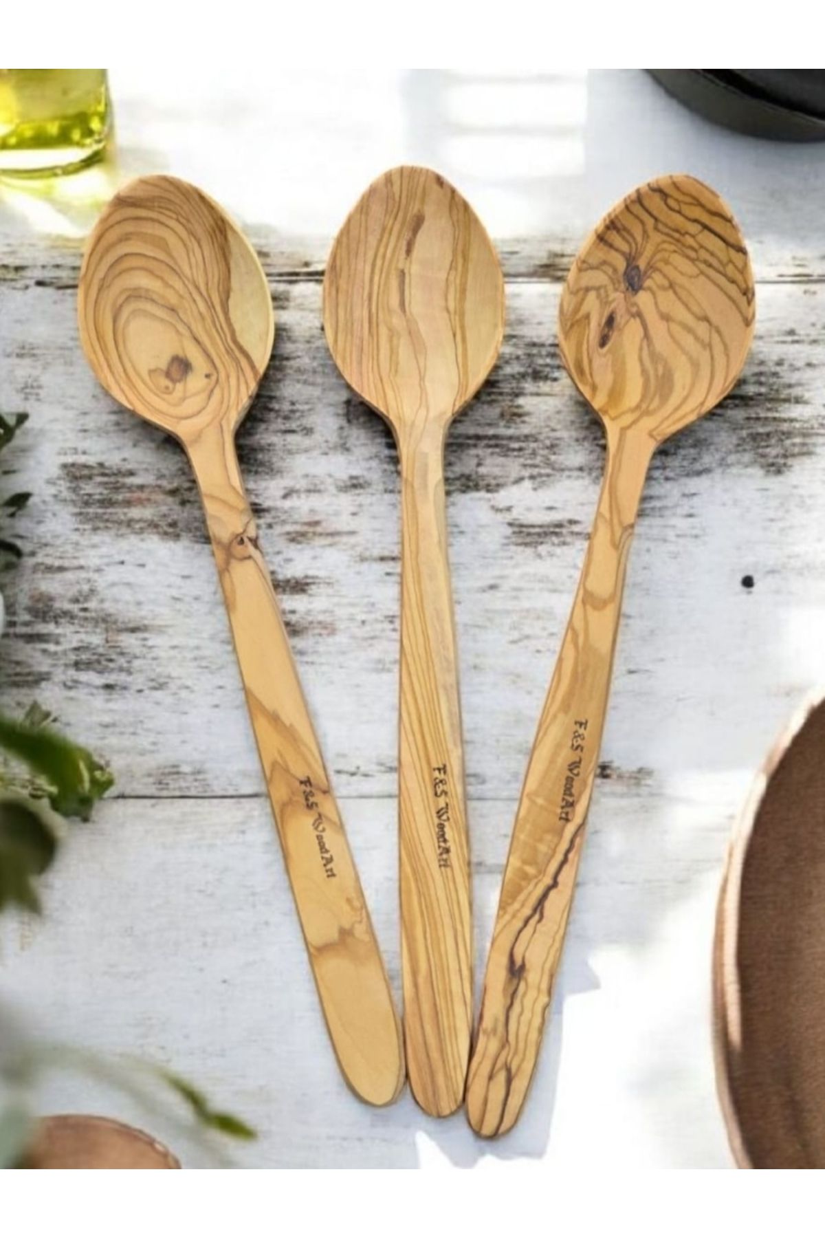 F&S WoodArt 3 Adet Edremit Zeytin Ağacı Doğal Ahşap El Yapımı Tahta Kaşık Yemek Kaşığı 29 Cm Tencere Kaşığı
