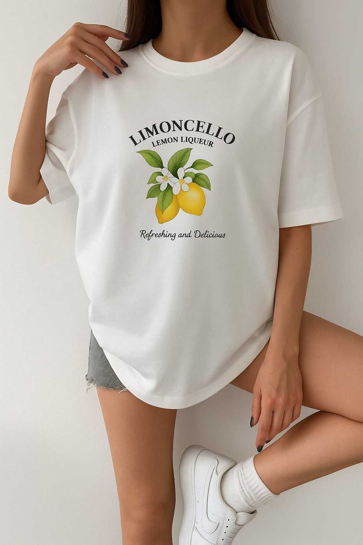 Eldemir Limon Baskılı Bisiklet Yaka Pamuk Oversize T-shirt