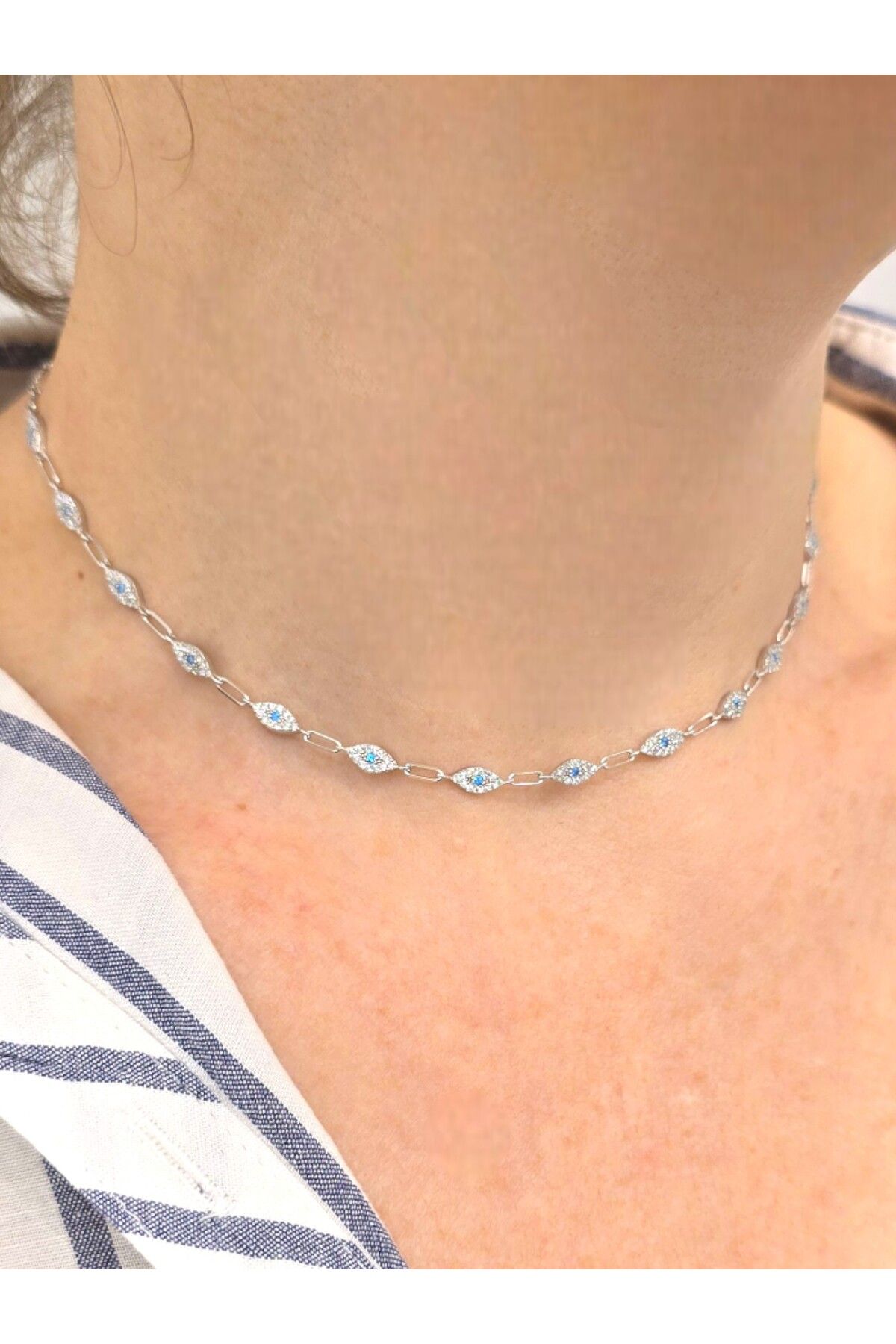 FARUK MÜCEVHERAT 925 Ayar Gümüş Renkli Taşlı Göz Choker Kadın Gümüş Kolye