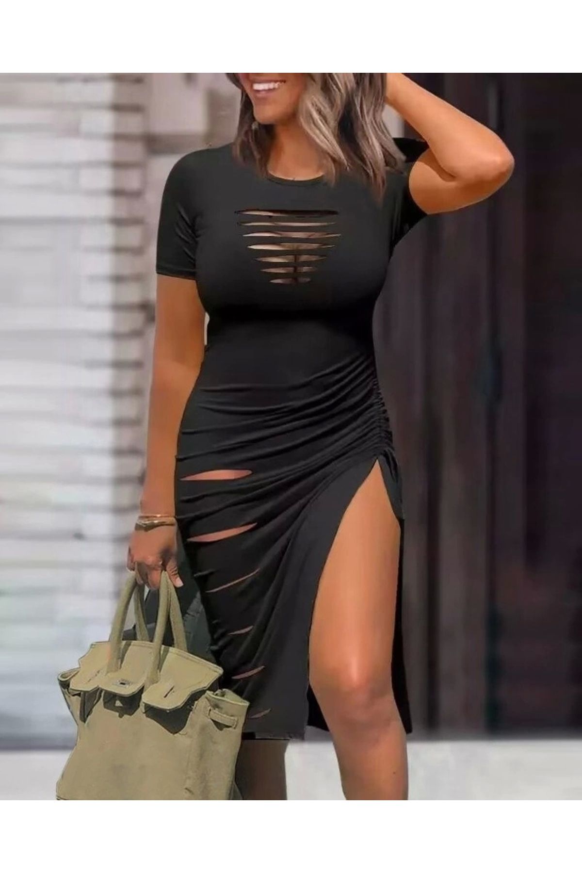 Butik Kadın Kısa Kollu Bisiklet Yaka Göğüste Ve Bacakta Kesik Detay Büzgülü Yırtmaç Detay Viskon Elbise