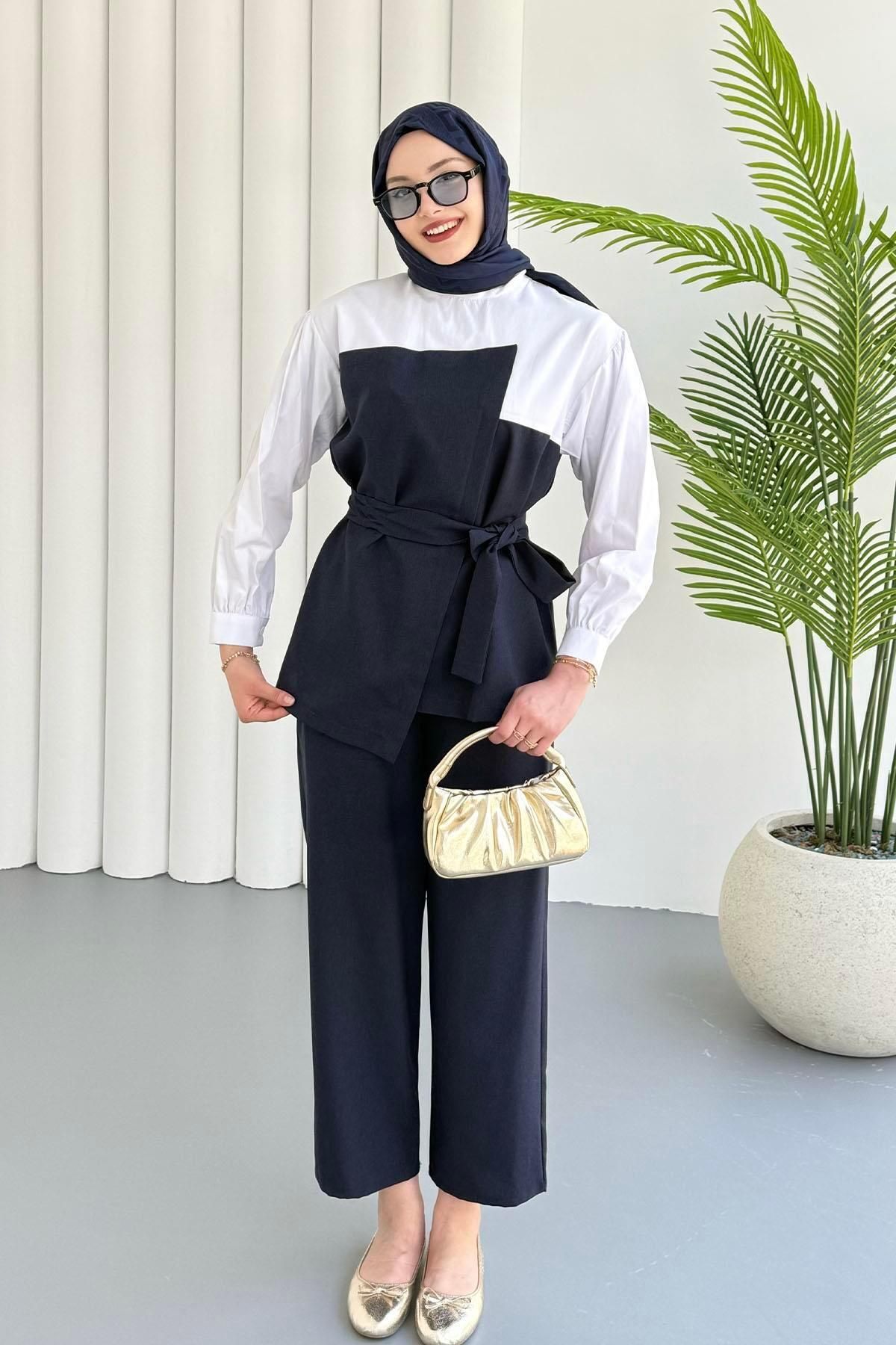 Modaensarbutik Nora Gömlek Detaylı İkili Tesettür Takım-LACİVERT
