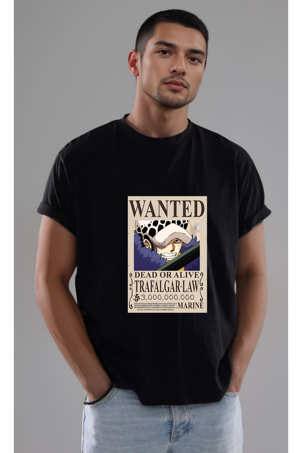 petite pati One Piece Wanted Trafalgar Law Baskılı Unisex Tshirt