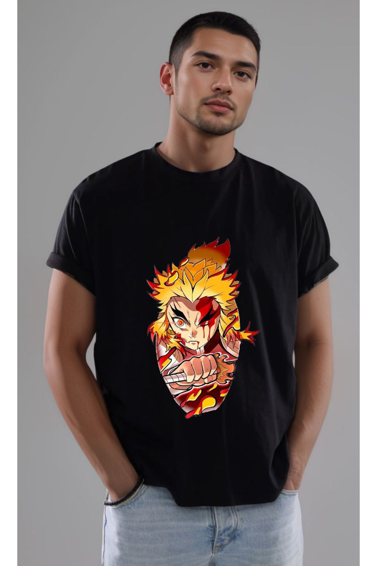 petite pati Demon Slayer Kyojuro Baskılı Unisex Tshirt