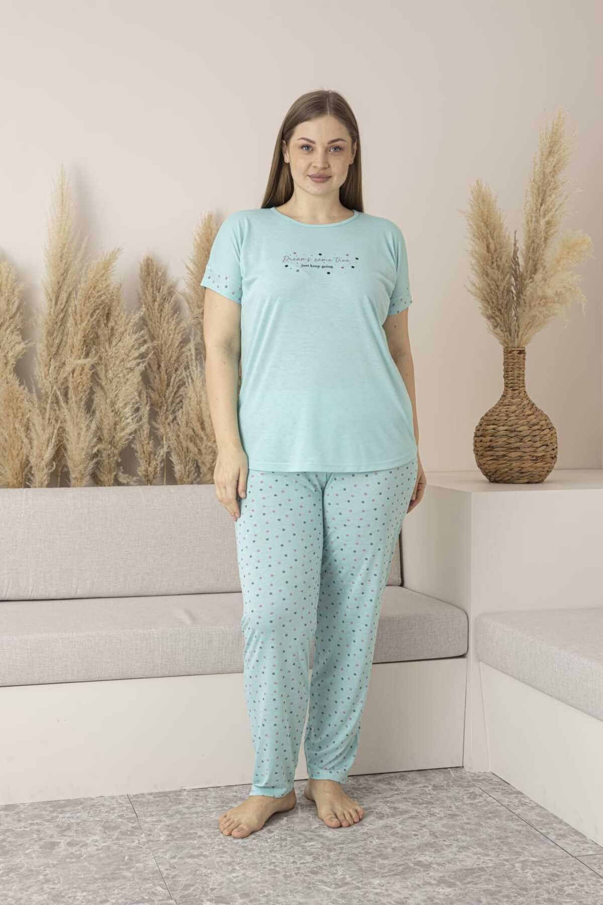 Lio20 Kadın Viskon Puantiyeli Kısa Kol Pijama Takımı-Battal-Mint