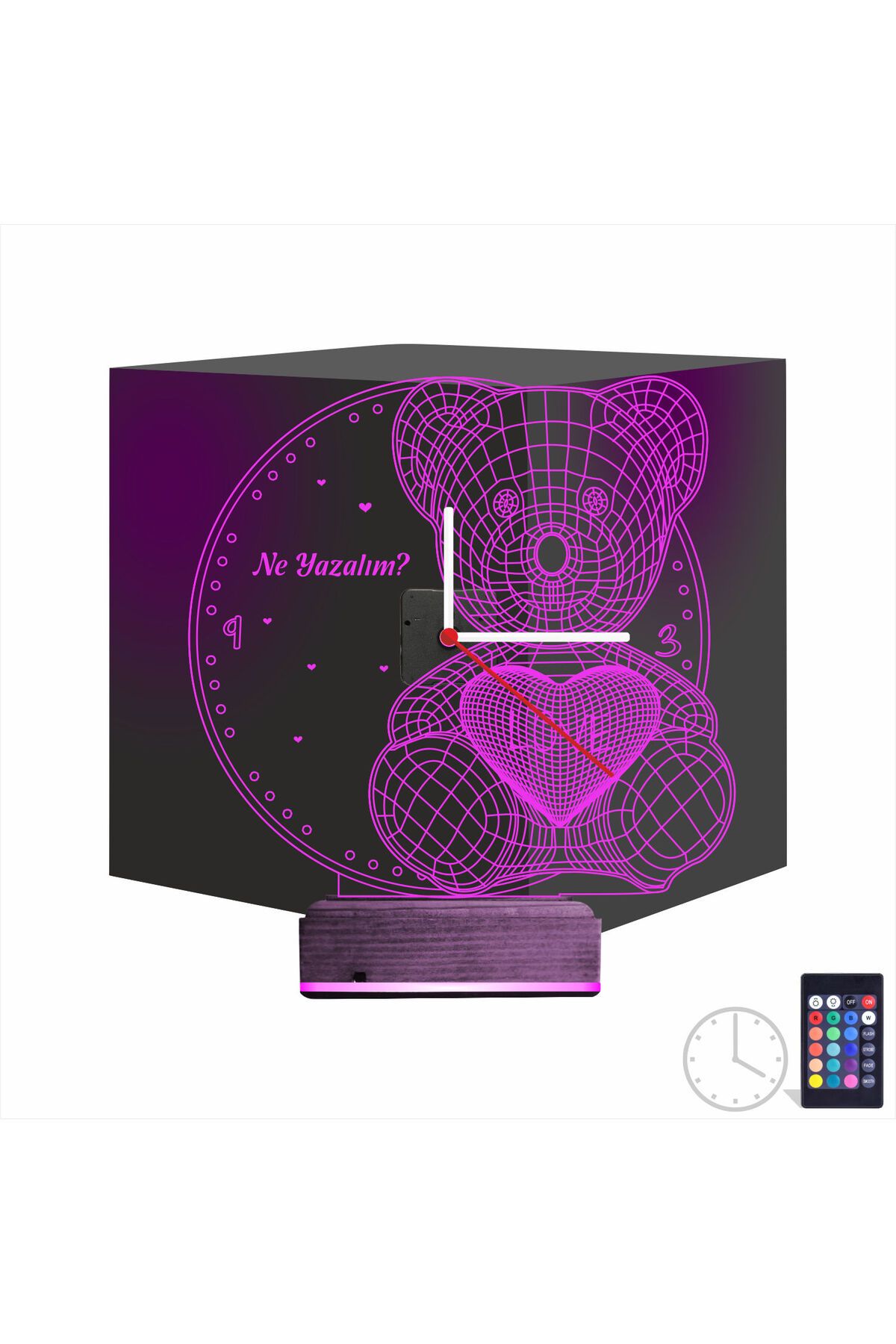 Kirppi 3d Saat Lamba Ayıcık Kalp Tasarım Kişiye Özel Masa Gece Lambası