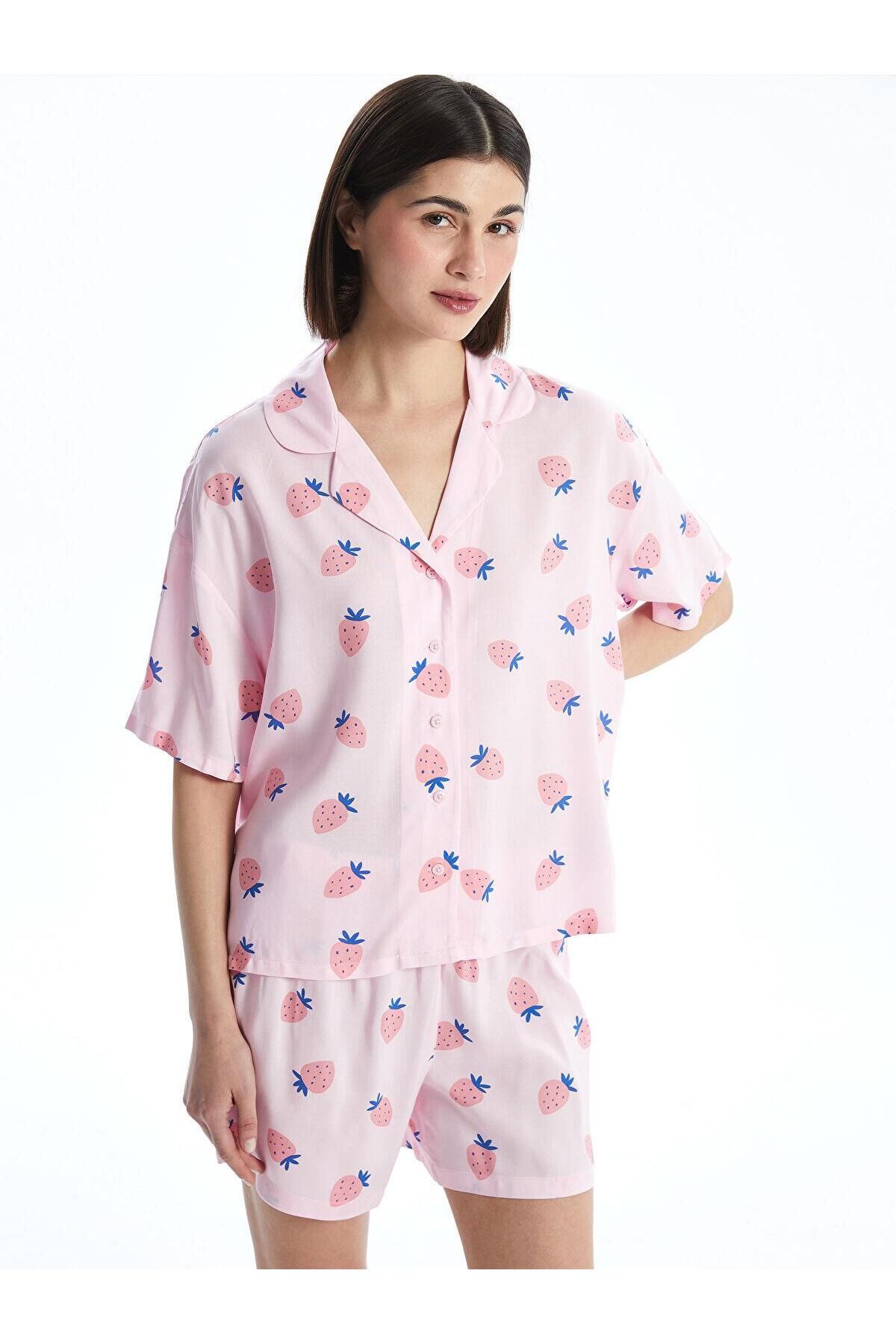 LC Waikiki LCW Young Gömlek Yaka Desenli Kadın Şortlu Pijama Takımı (S5)