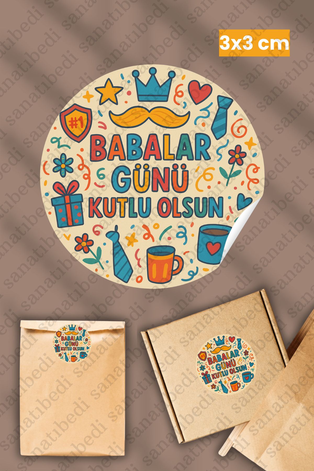 sanatıbedi 50 Adet Babalar Günü Temalı Sticker - Kargo Ambalaj Paketleme Hediye Etiketi 3x3 cm