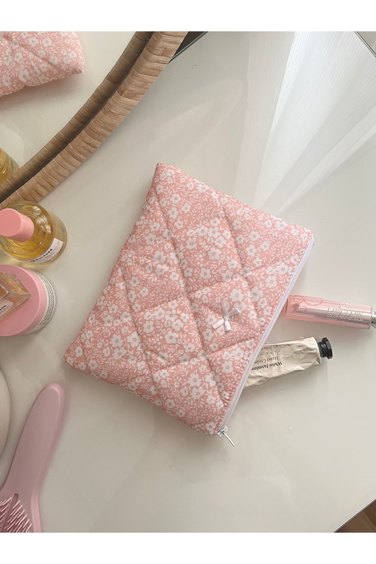 Lulishop Pudra Pembe Çiçekli Makyaj Çantası -Çanta İçi Düzenleyici