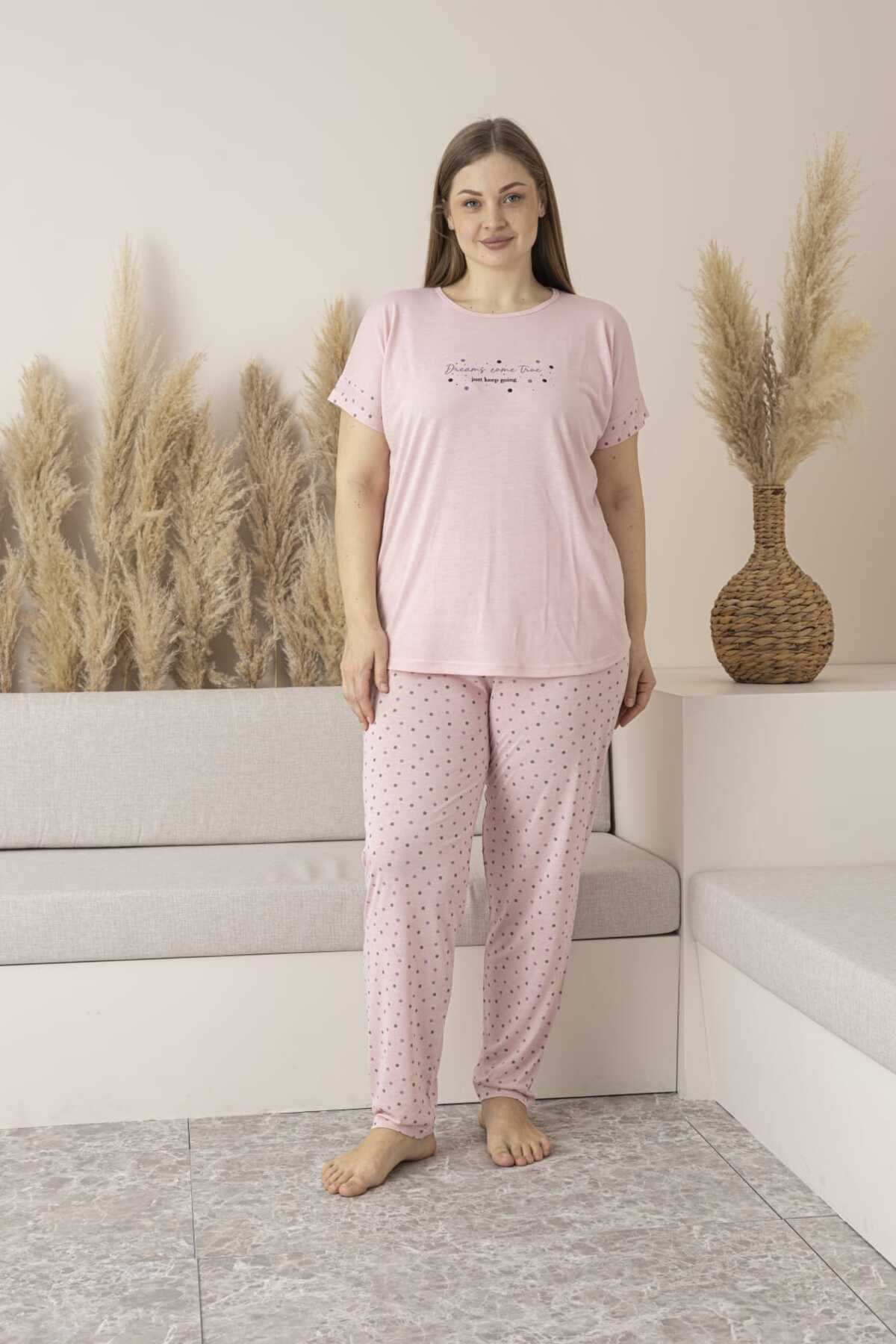 Lio20 Kadın Viskon Puantiyeli Kısa Kol Pijama Takımı-Battal-Somon