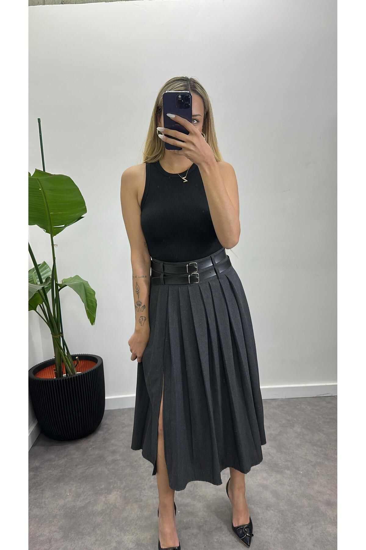 Acar Boutique Kemerli Pliseli Midi Etek