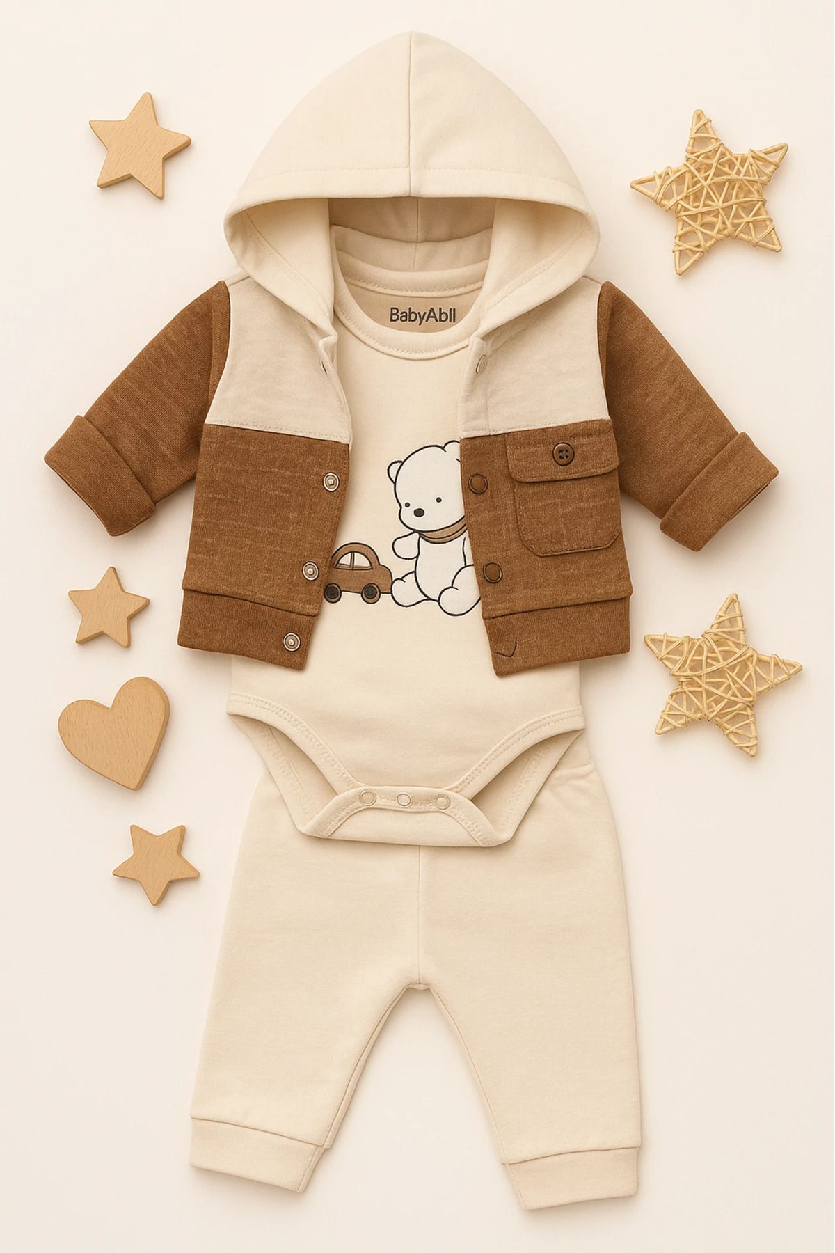 HAVUÇ BEBEK Babyim Hırkalı Arabalı Ayıcık Nakışlı Badili 3’lü Bebek Takım