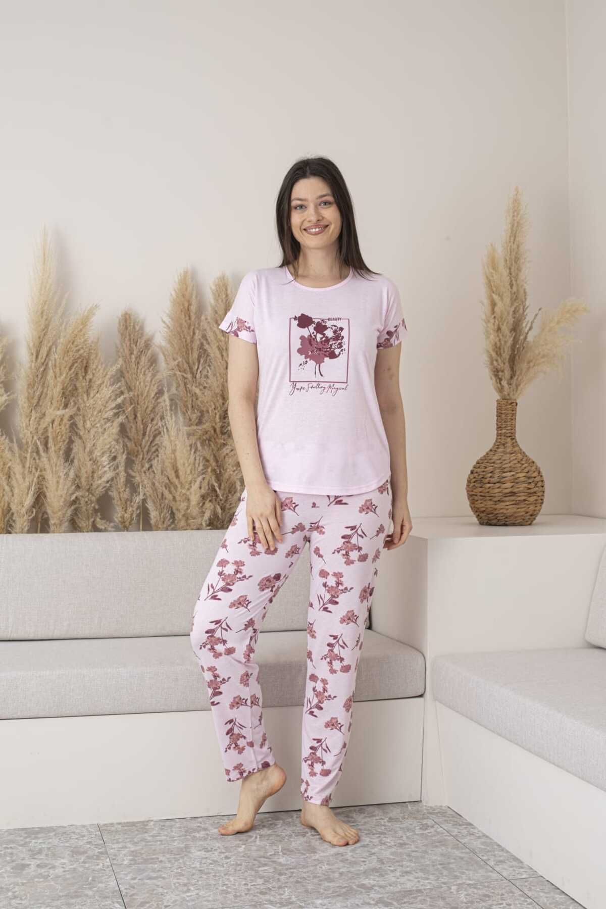 Lio20 Kadın Yaz Çiçeği Desenli Viskon Kısa Kol Pijama Takımı-Pembe