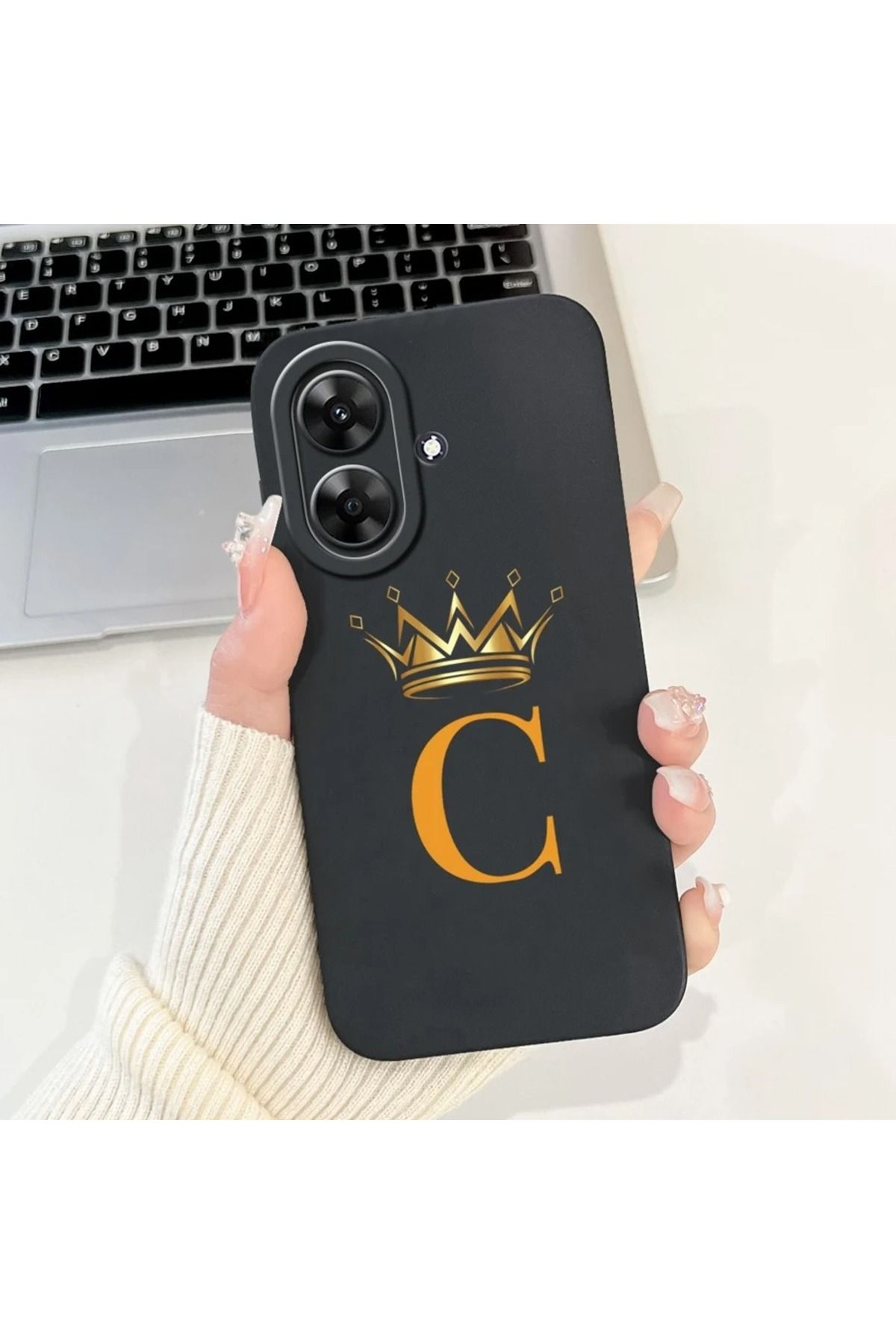 Rotaks Realme Note 60 Uyumlu Harfli Taç Baskılı Kişiye Özel Silikon Telefon Kılıfı - C