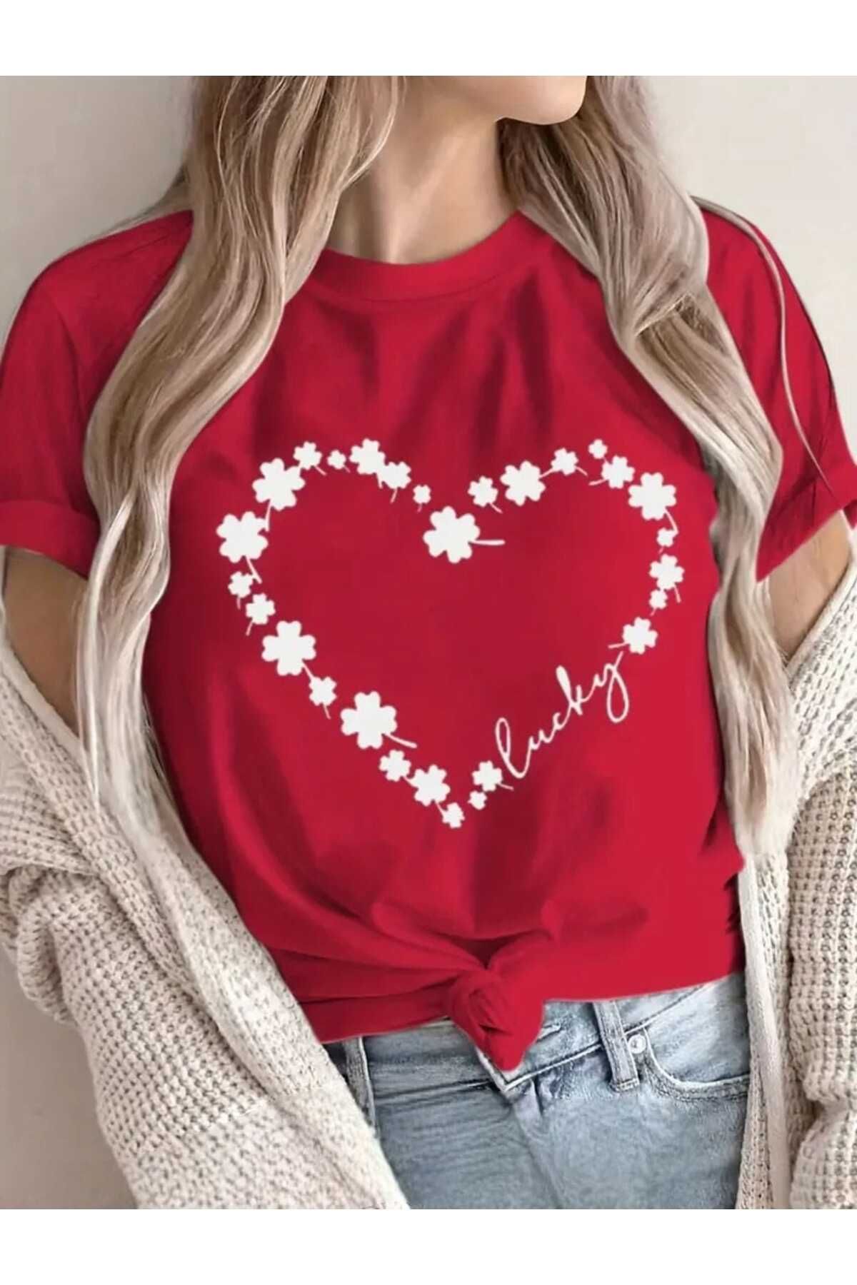TekTarzz Unisex Çiçek Kalp Baskılı Tasarım Tshirt