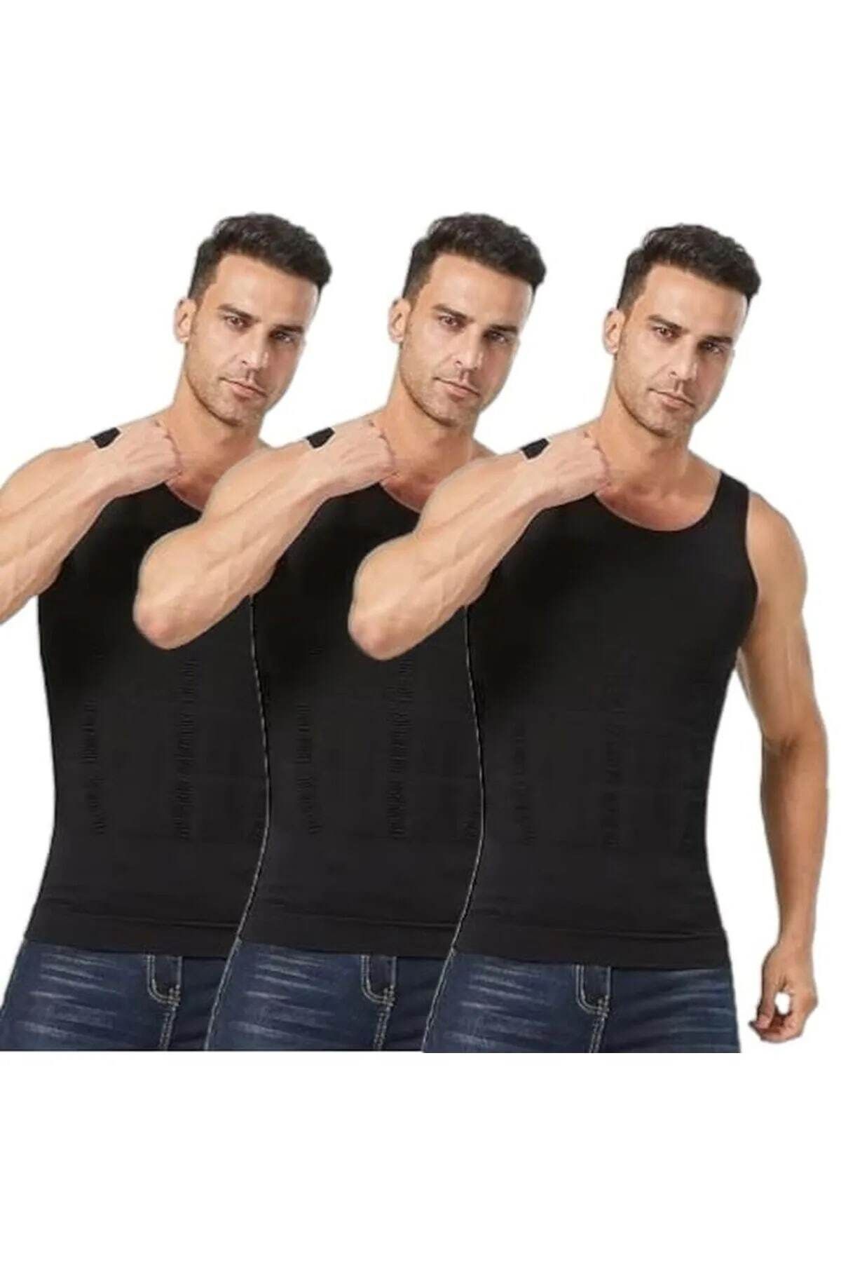 MYS GRUP TEKSTİL Erkek 3'lü SİYAH Slim' N Lift Beden İnceltici Korse Atlet / 6012