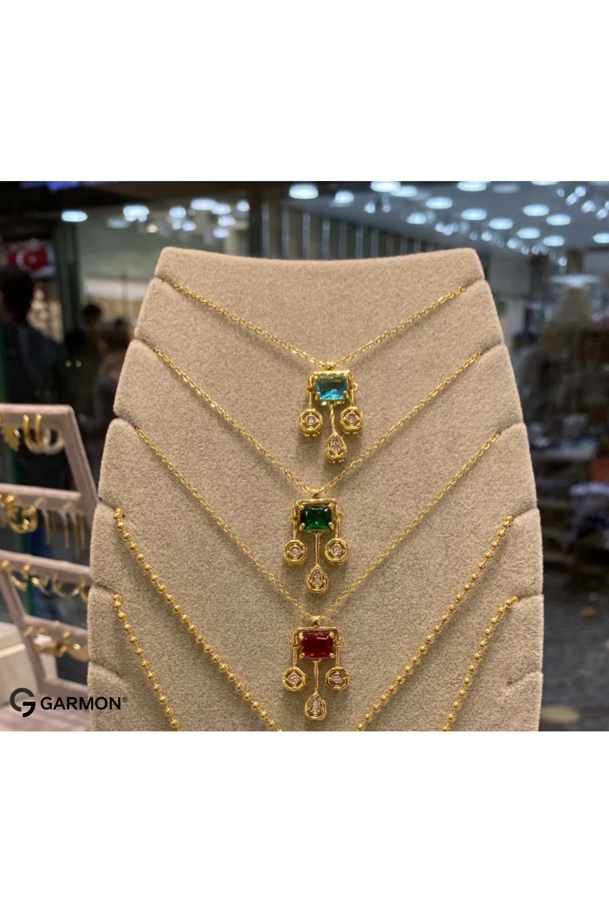 Garmon MG-04Y Garantili Kararmaz Çelik Kolye, Zümrüt Taşlı Sallantılı Kolye