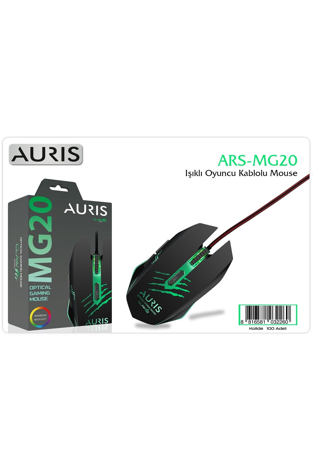 Auris MG20 Claw Series Rainbow Backlight RGB 3200 DPI Kablolu Oyuncu Mouse