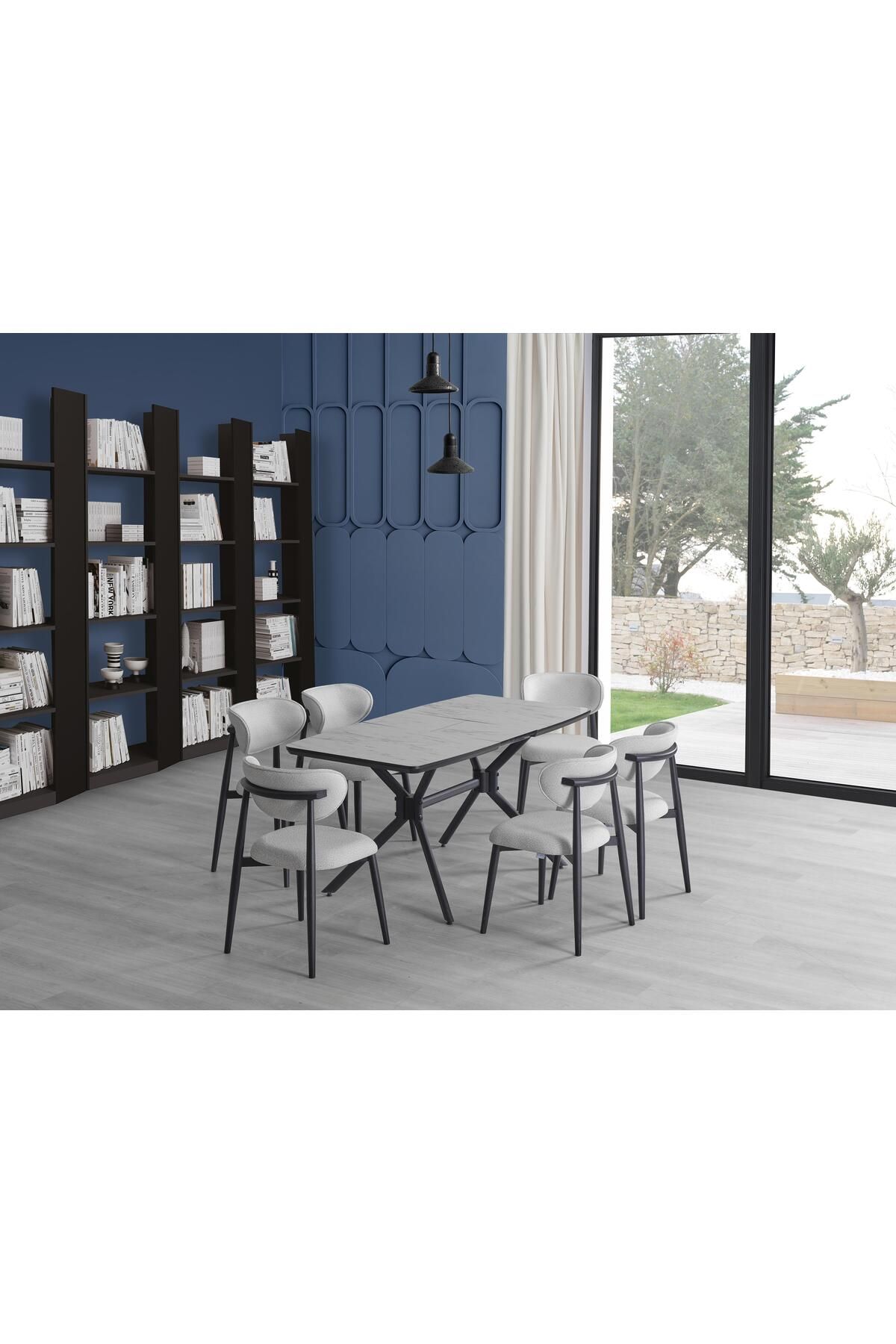 KUĞU GARDEN Masa Sandalye Takımı Mermer Desen 160x90 Cm Masa 6 Sandalye Seti Yemek Masası