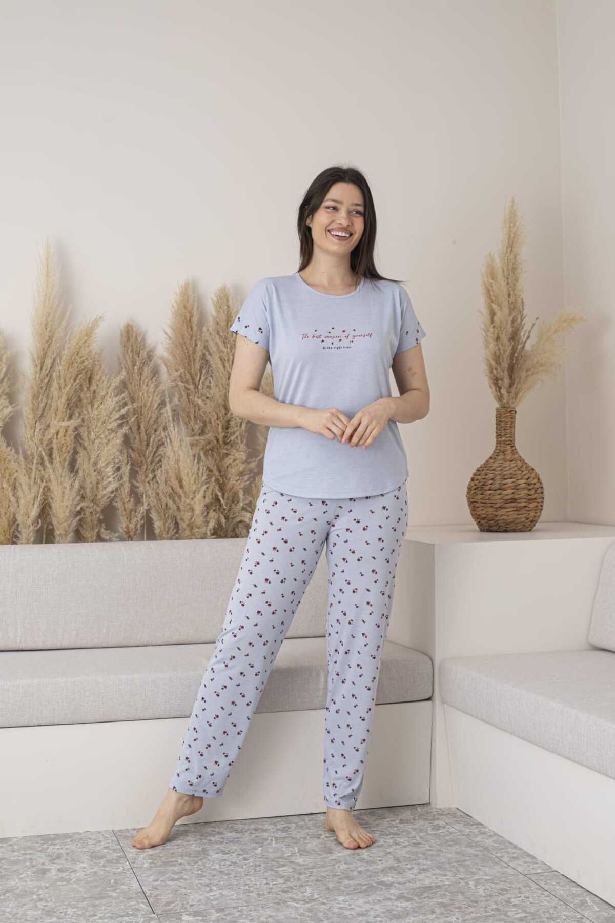 Lio20 Kadın Çiçek Desenli Viskon Kısa Kol Pijama Takımı-Gri