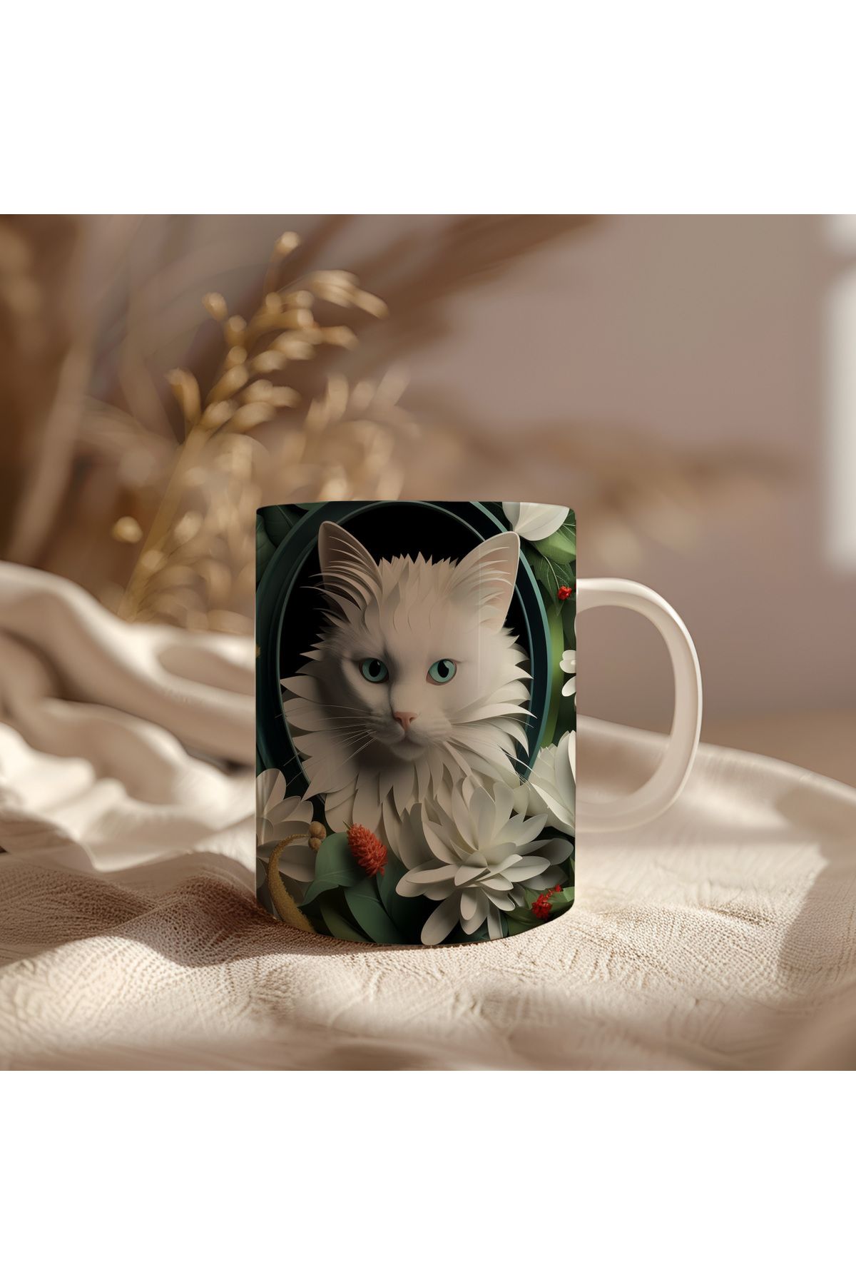 waspandhornet Beyaz Kedi Tasarımlı Seramik Kupa
