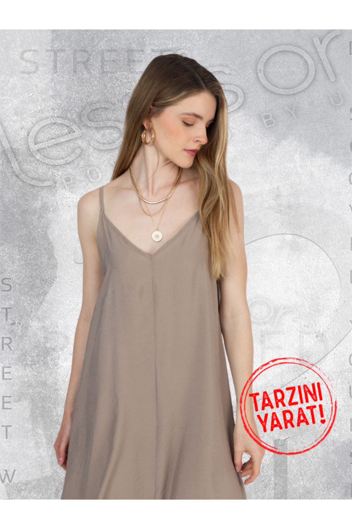 less is or Ekru Bej İnce Askılı Dökümlü Elbise