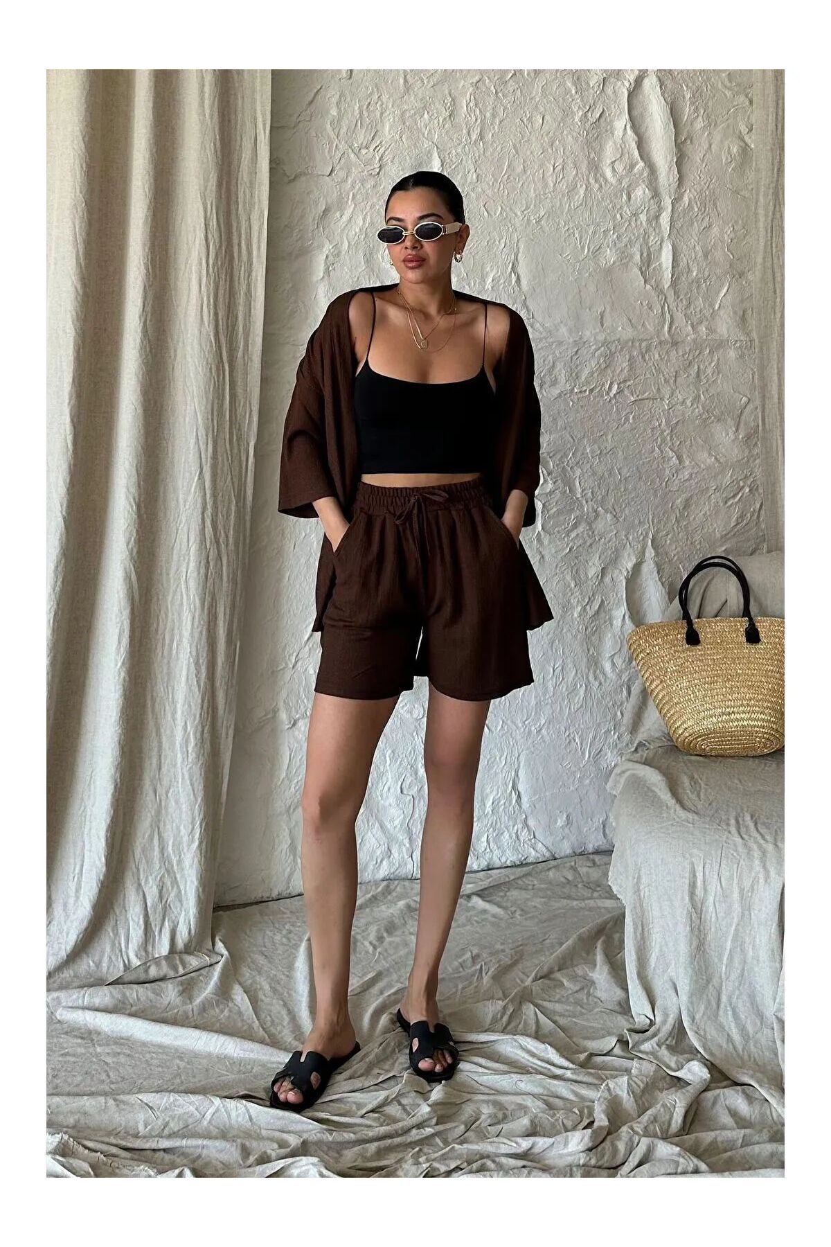 LOVE GO Kadın Kimono Alt Şort Üst Yazlık Takım Rahat Kesim