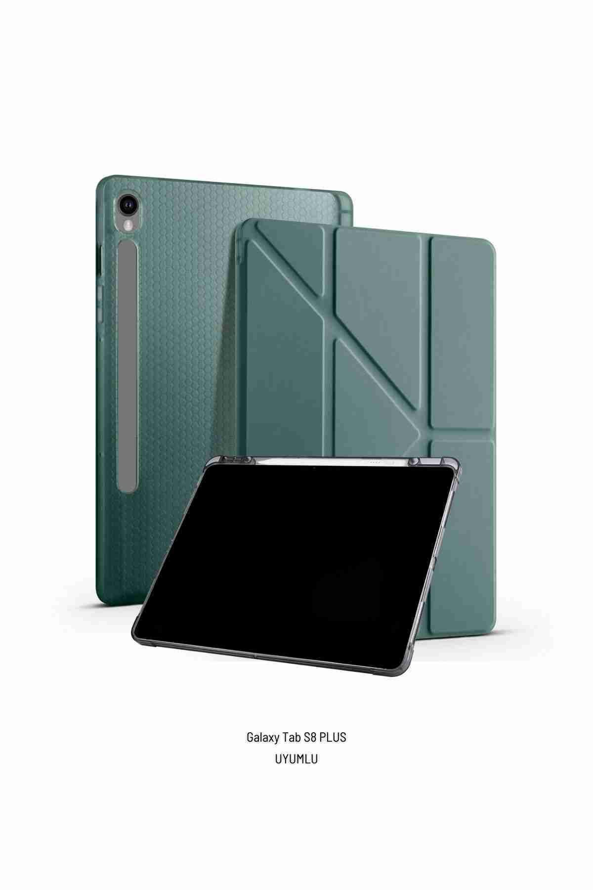 Fuchsia Galaxy Tab S8 Plus Uyumlu Kalem Bölmeli Standlı Fuchsia Trifolding Tablet Kılıfı