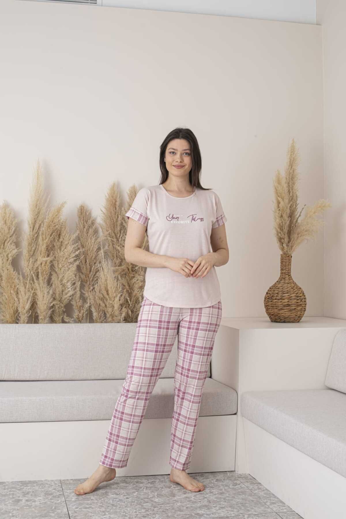Lio20 Kadın Kareli Viskon Kısa Kol Pijama Takımı-Somon