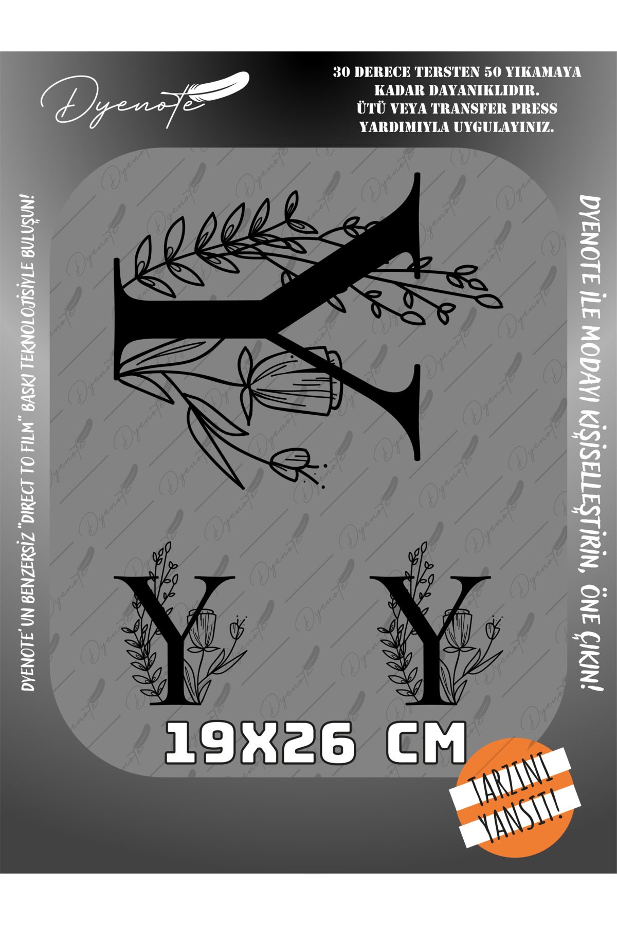 DYENOTE Y Monogram Siyah Harf Seti - Ütüyle Yapıştır - 19x26 CM
