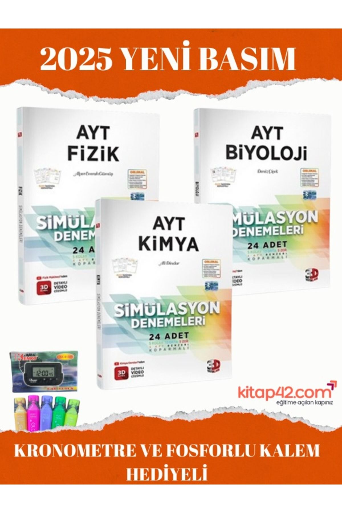 3D Yayınları 3D YAYINLARI AYT FİZİK KİMYA BİYOLOJİ DENEME SET KRONOMETRE VE FOSFORLU KALEM HEDİYELİ