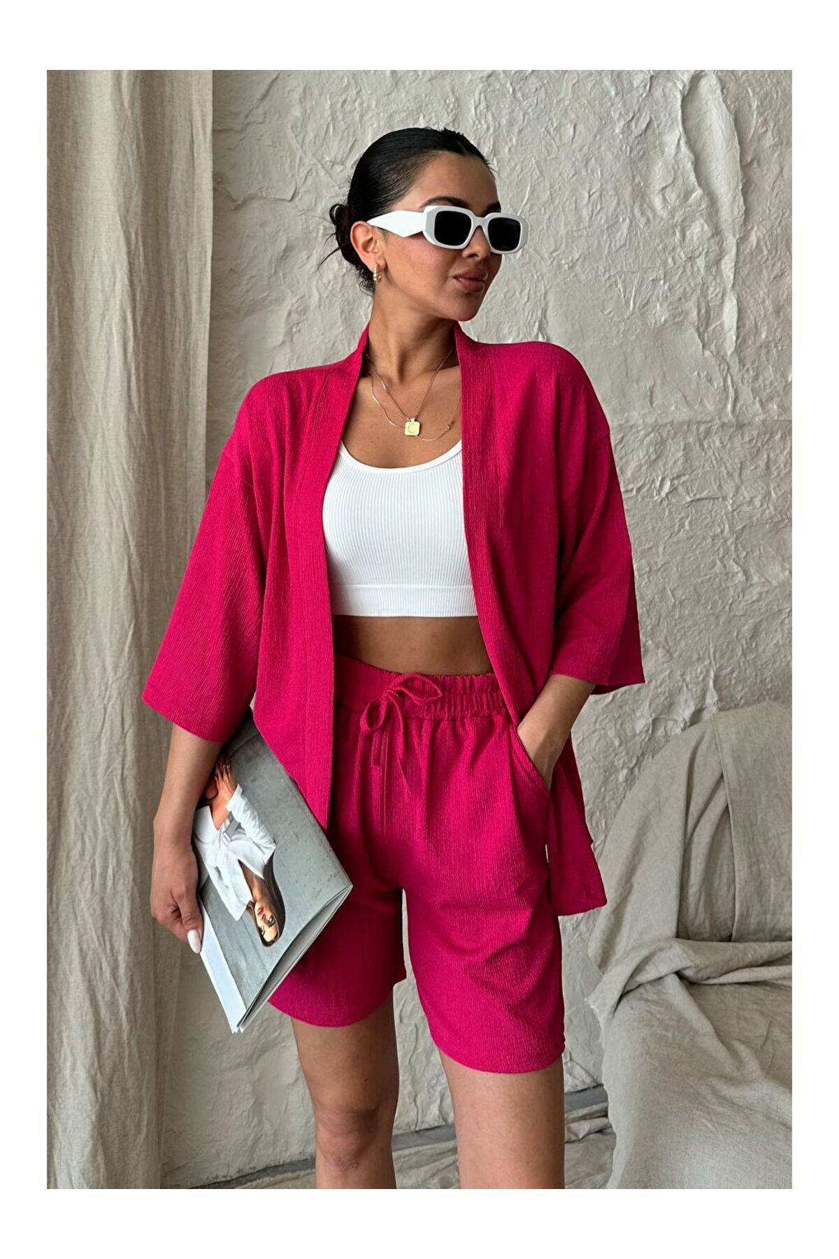 LOVE GO Kadın Kimono Alt Şort Üst Yazlık Takım Rahat Kesim