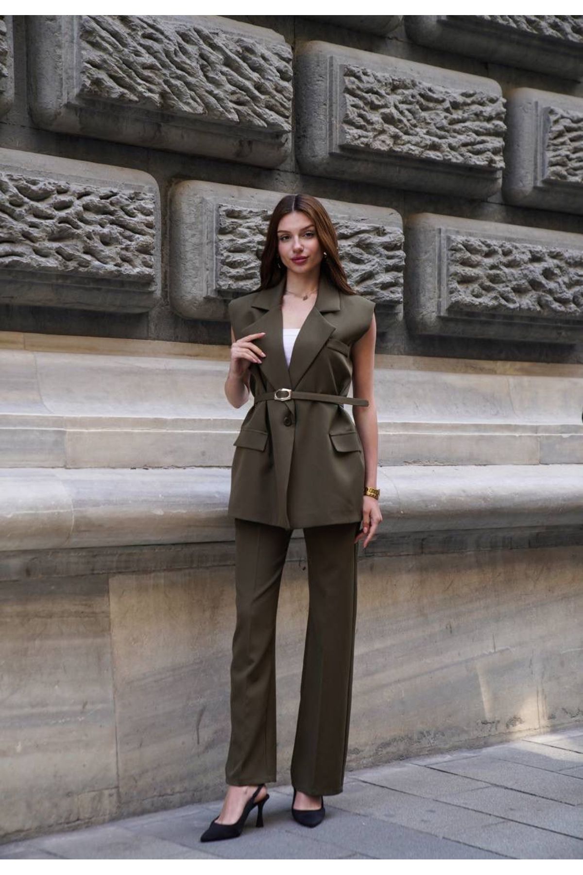 Bahar Altundemir Kadın Cep Detaylı Vatkalı Oversize Astarlı Blazer Yelek Premium Kumaş Yelek