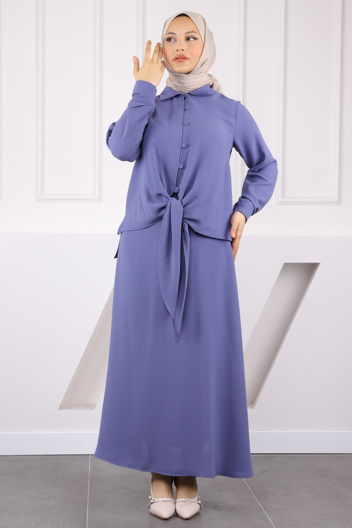 İmajButik Lila Ön Bağlamalı Gömlek Etekli Takım