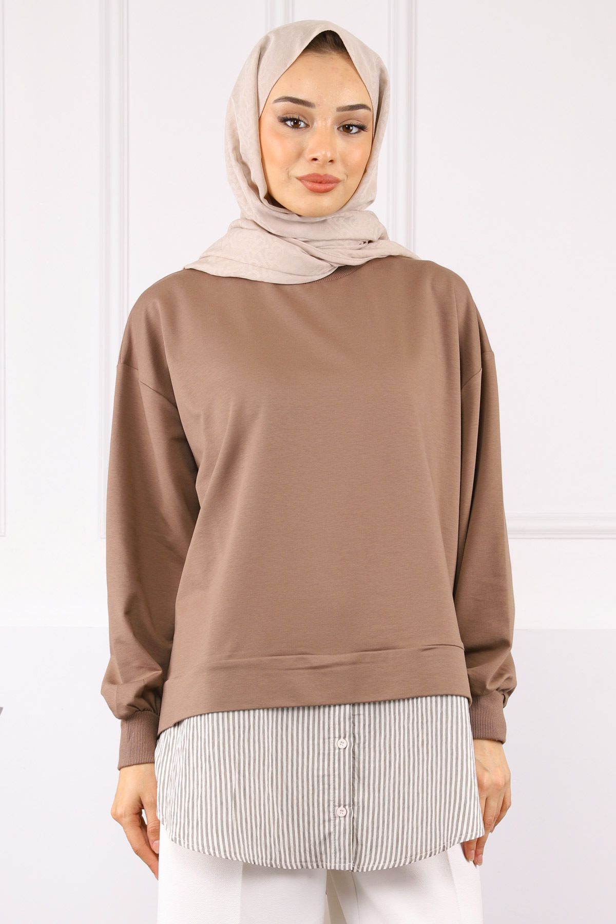 İmajButik Kahverengi Gömlek Garnili Sweat