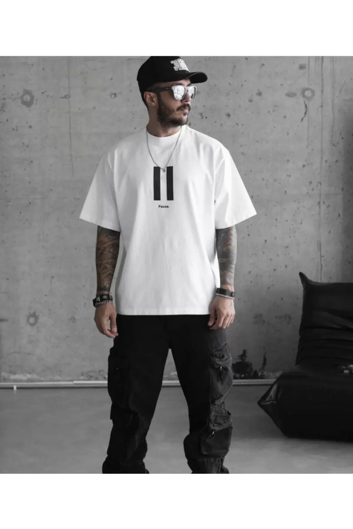 İndigo Park Erkek Tişört Unisex Bisiklet Yaka Baskılı Oversize T-Shirt - Beyaz