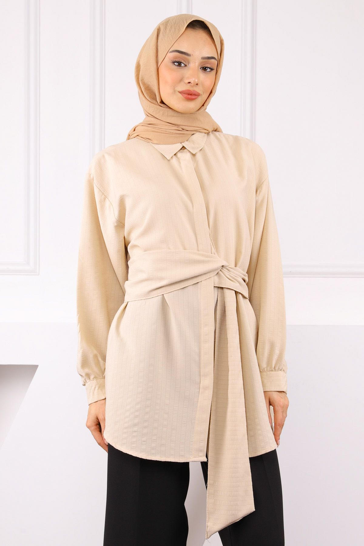 İmajButik Bej Kuşak Detaylı Bürümcük Gömlek
