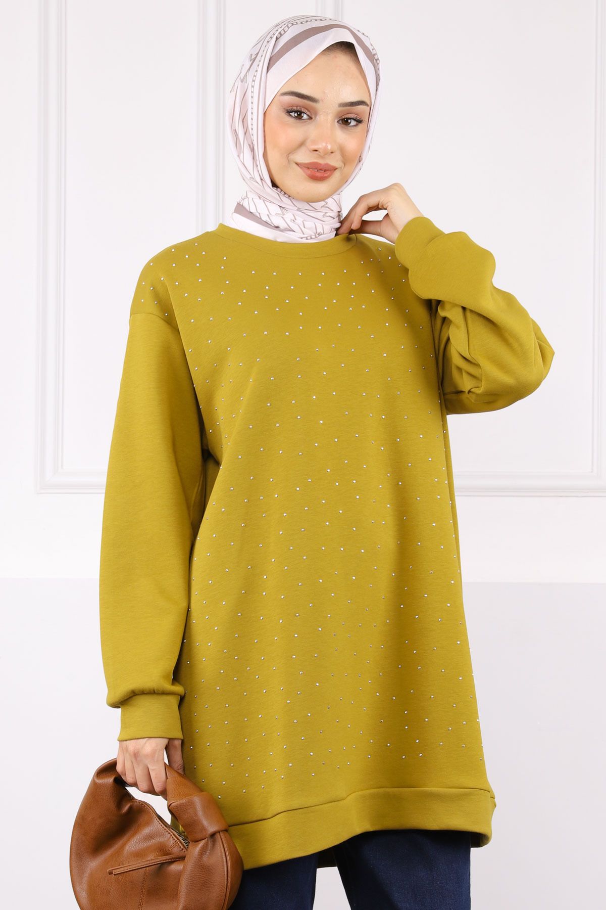 İmajButik Yağ Yeşili Bisiklet Yaka Taşlı Modal Tunik
