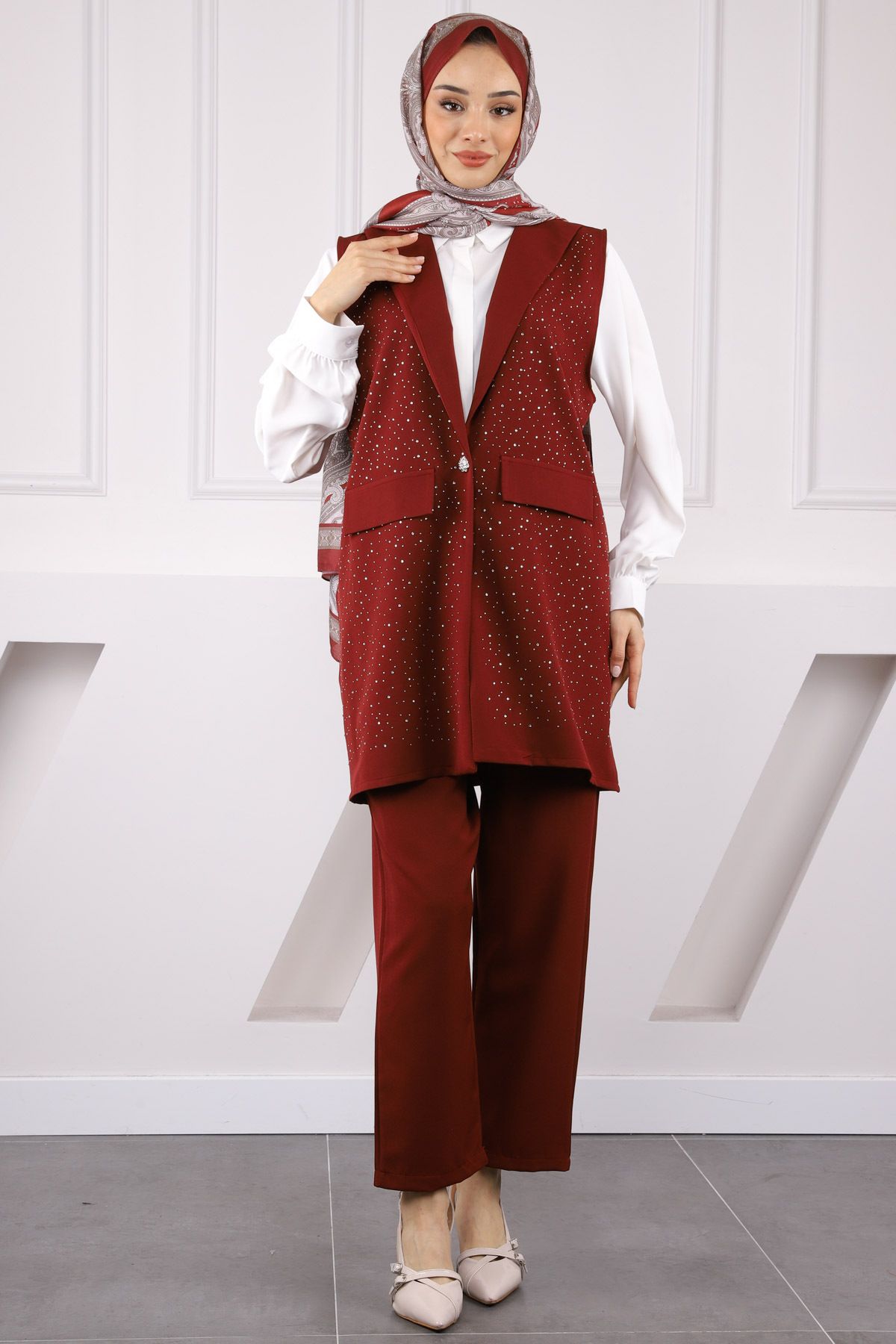 İmajButik Bordo Gömlek Yelek Pantolonlu 3'lü Kombin Takım