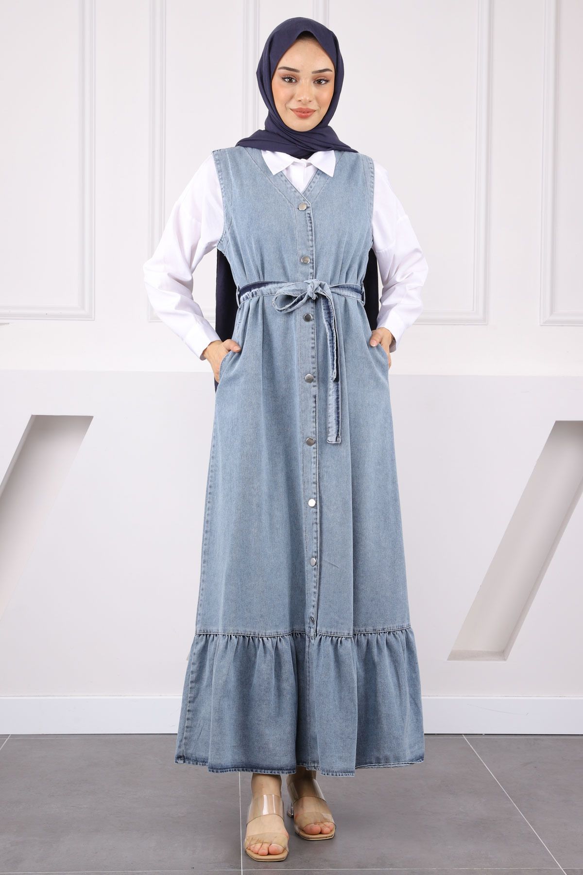 İmajButik Mavi Bel Kuşaklı Cepli Kot Jile