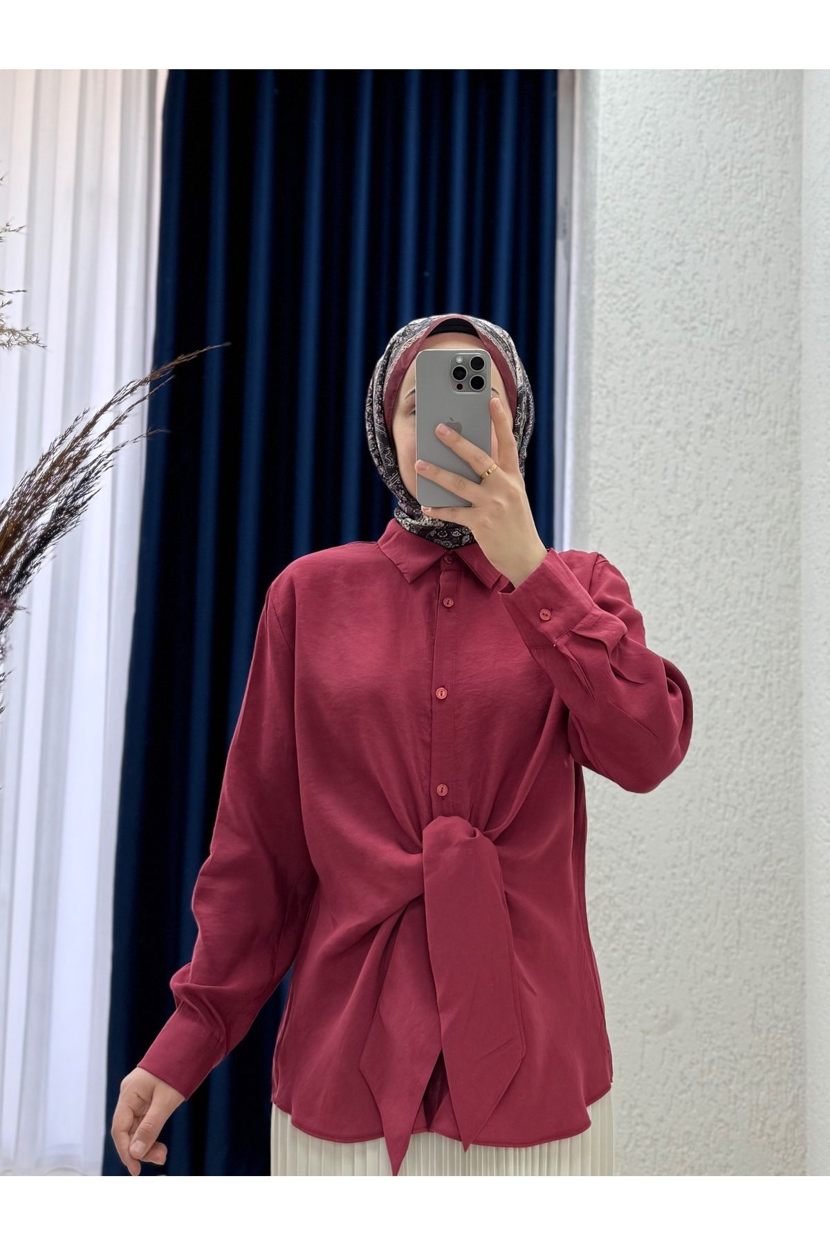 Ebrar Store Trinda Bağlamalı Modal Gömlek-SA25222 Bordo