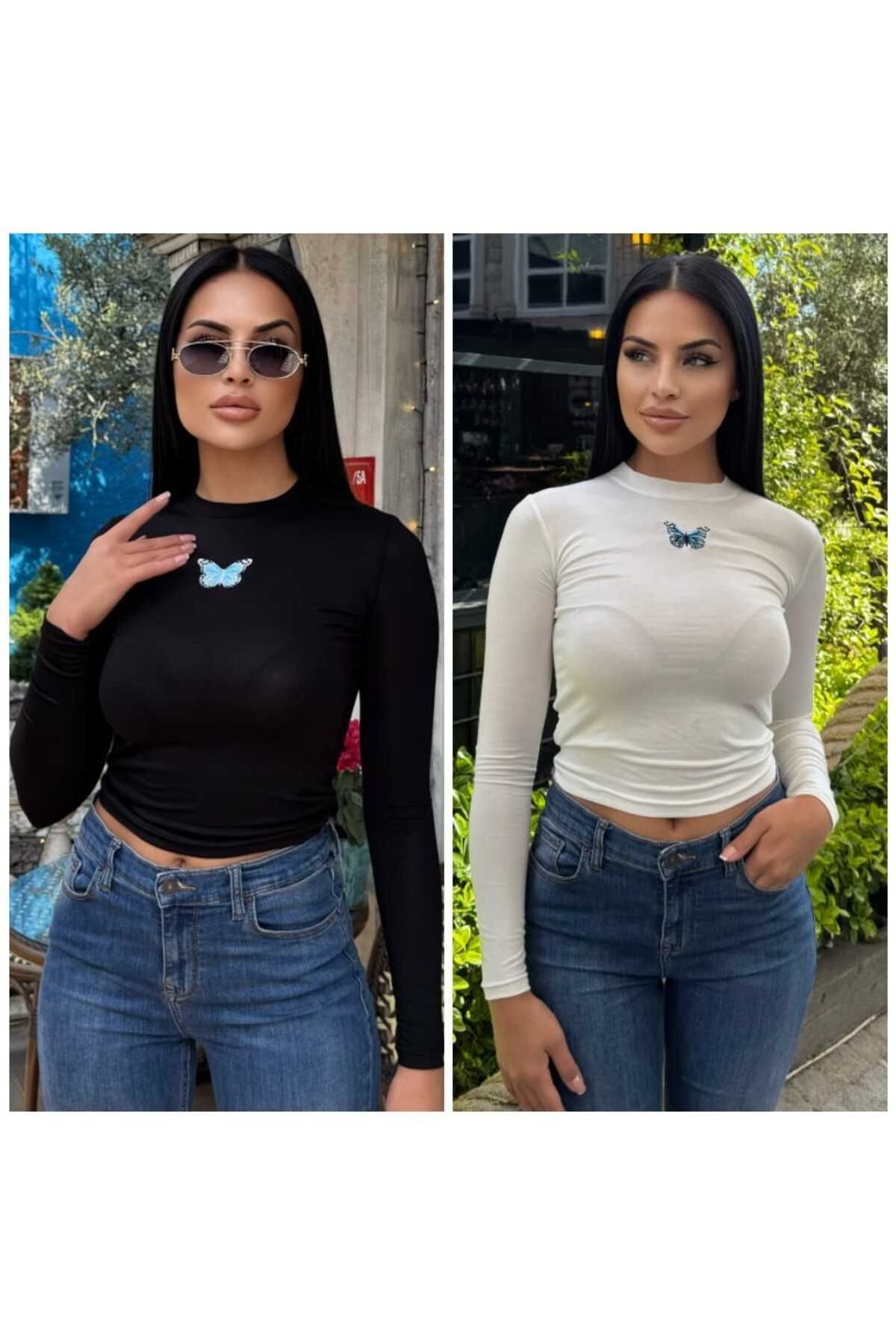 STİLVİA Siyah ve Ekru 2'li Paket-Kadın Kelebek Nakışlı Uzun Kollu Bisiklet Yaka Basic Kısa Boy Body Bluz